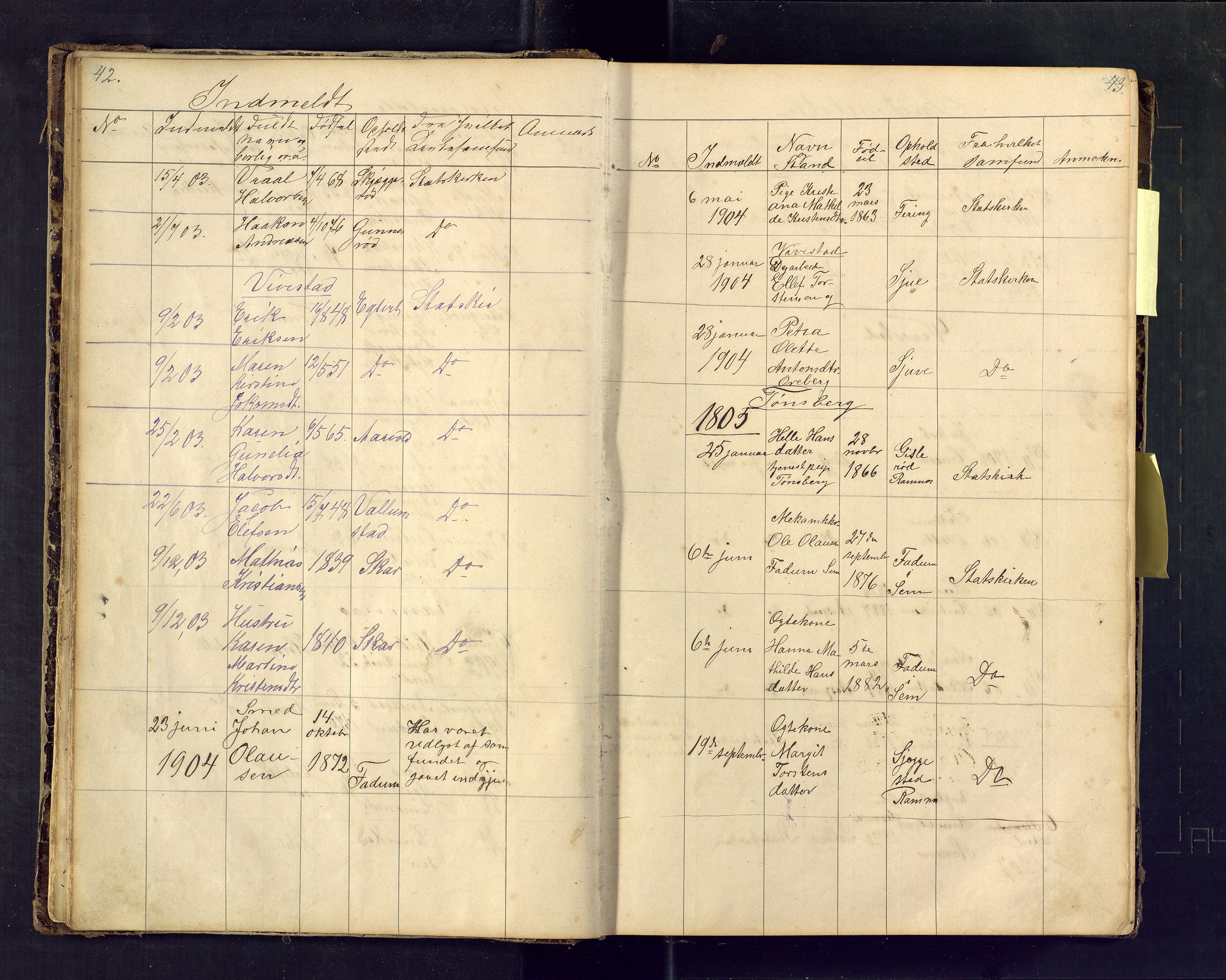 Den evangelisk lutherske frimenighet i Jarlsbergs grevskap med flere steder, AV/SAKO-P-1384/F/Fa/L0001: Dissenter register no. Fa/L0001, 1872-1925, p. 42-43