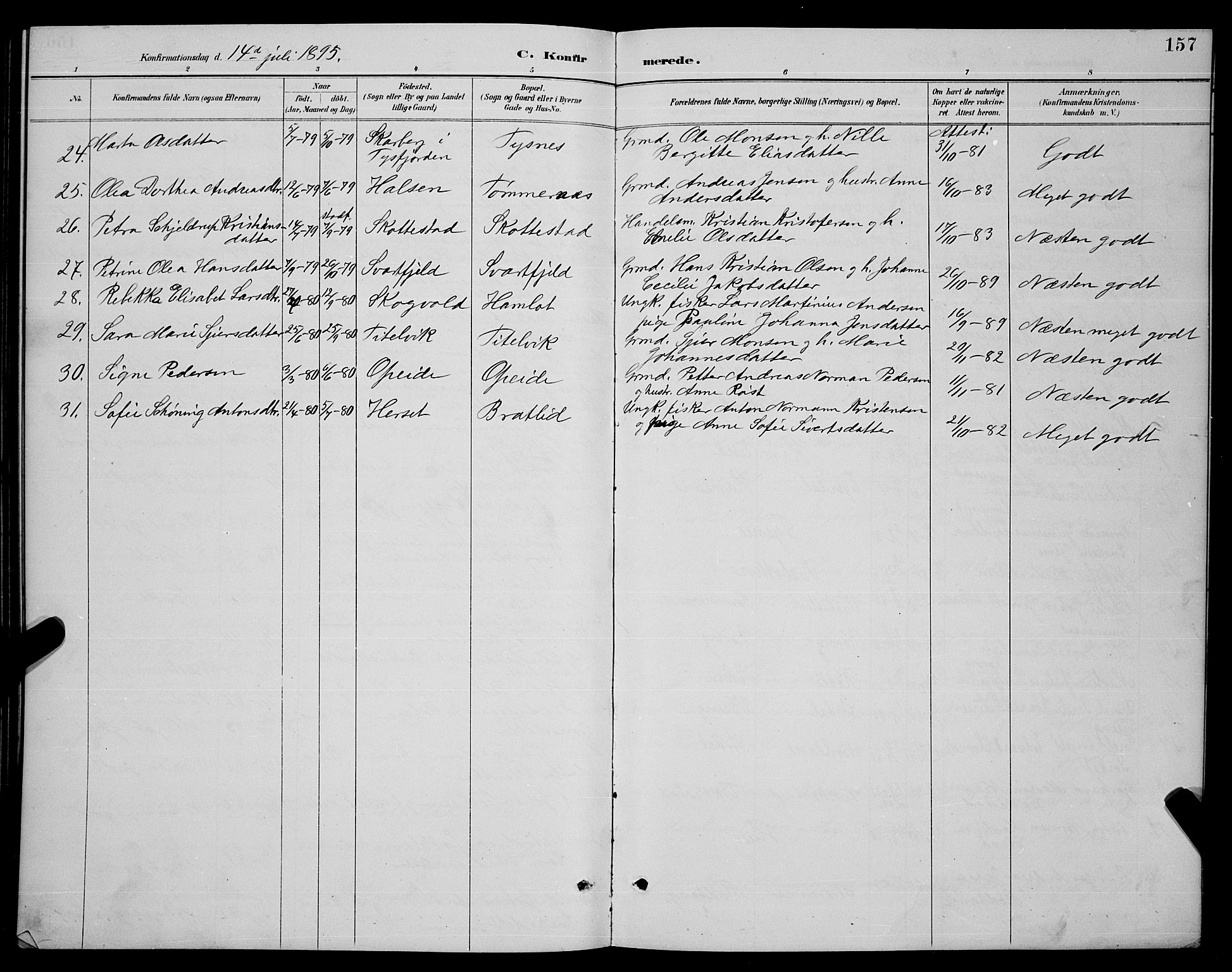 Ministerialprotokoller, klokkerbøker og fødselsregistre - Nordland, SAT/A-1459/859/L0859: Parish register (copy) no. 859C05, 1887-1898, p. 157