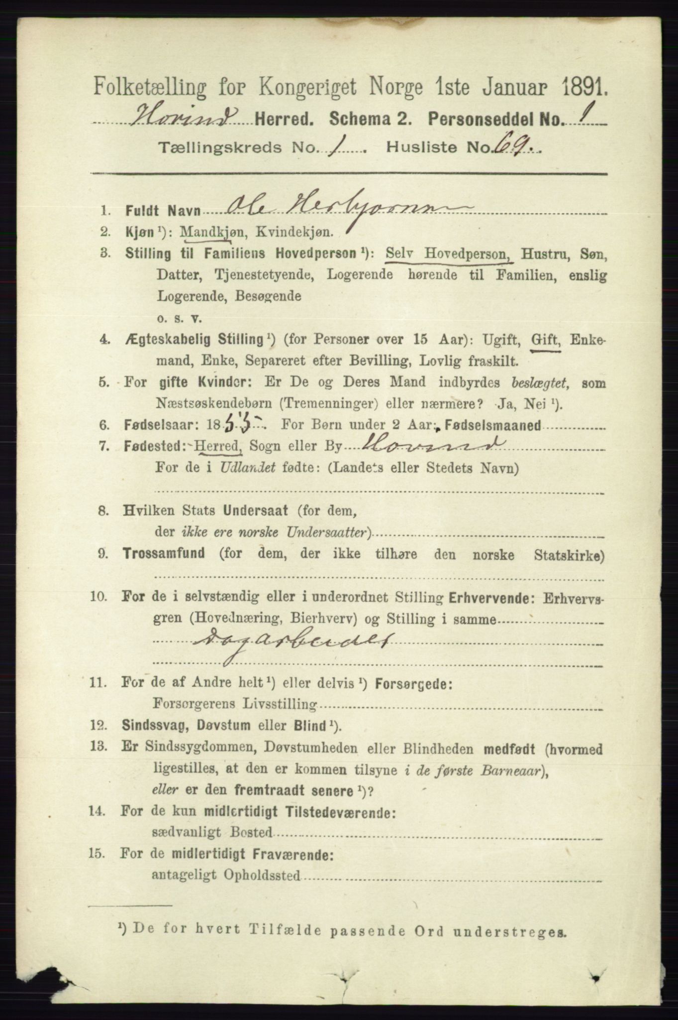 RA, 1891 census for 0825 Hovin, 1891, p. 455