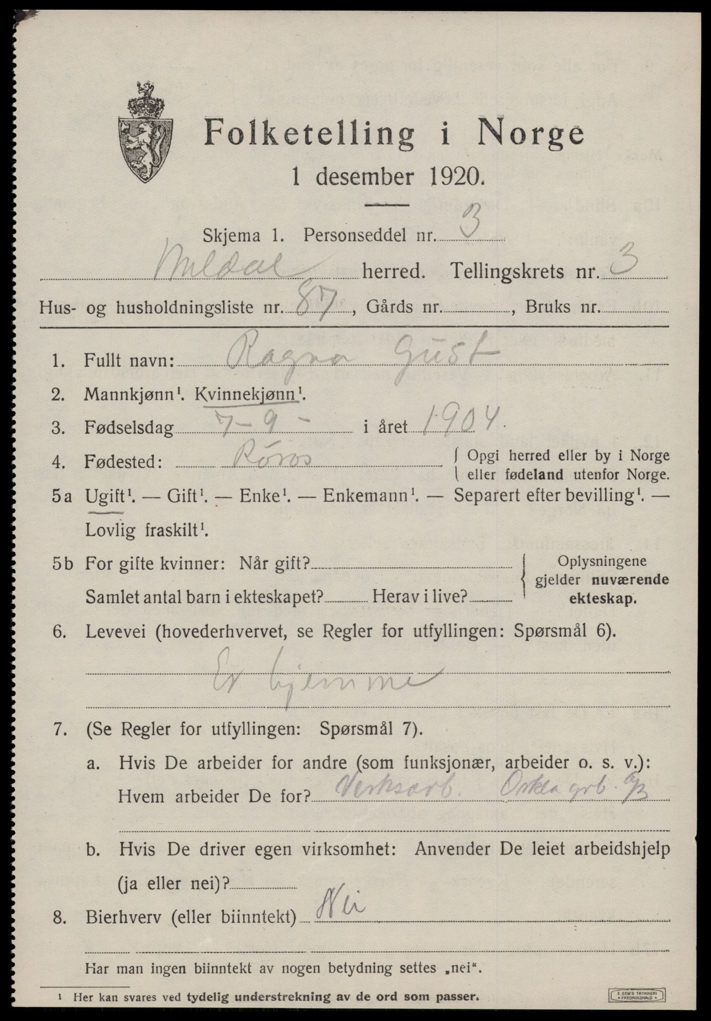 SAT, 1920 census for Meldal, 1920, p. 3623