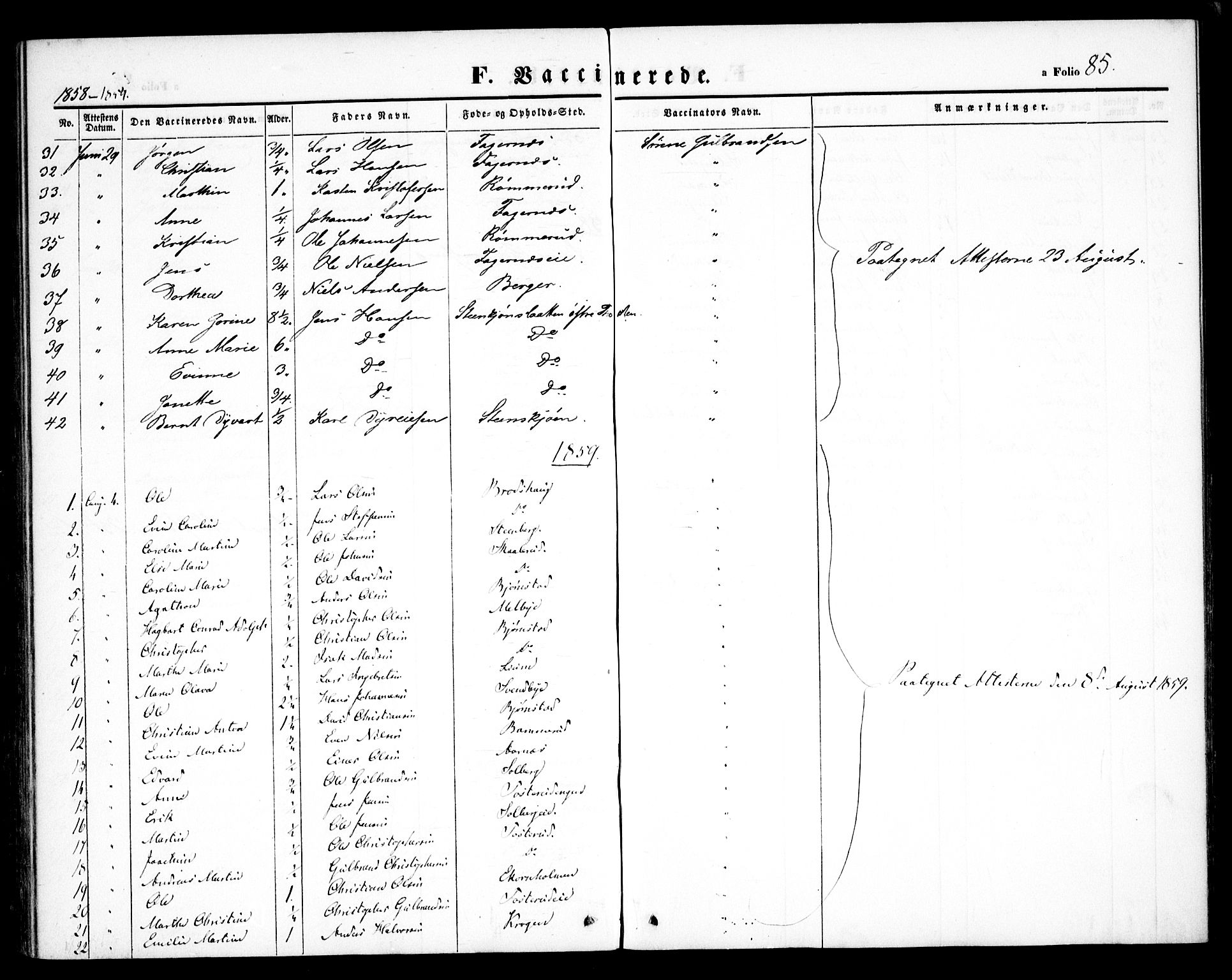 Hurdal prestekontor Kirkebøker, SAO/A-10889/F/Fb/L0001: Parish register (official) no. II 1, 1846-1859, p. 85