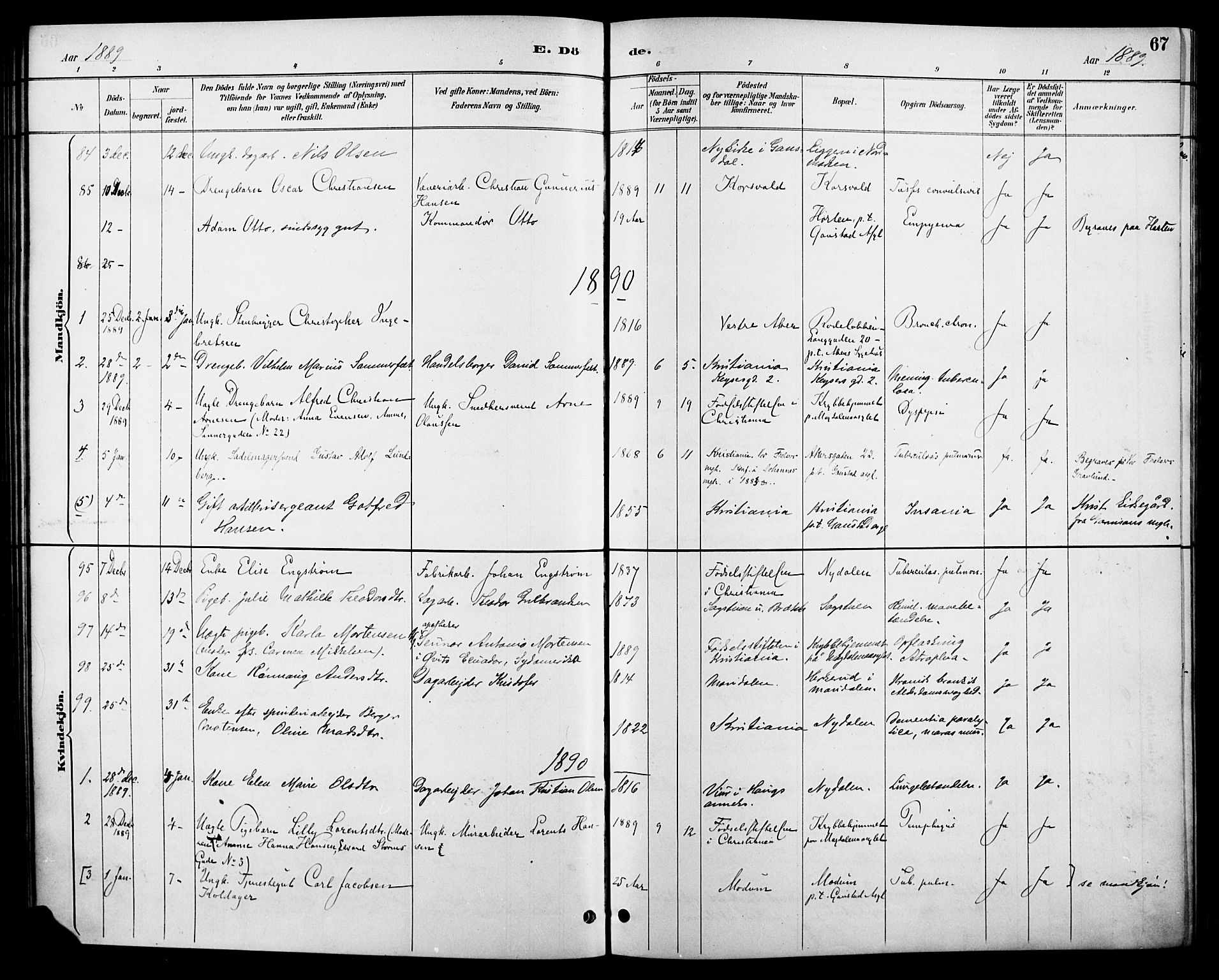 Vestre Aker prestekontor Kirkebøker, SAO/A-10025/F/Fa/L0011: Parish register (official) no. 11, 1886-1904, p. 67