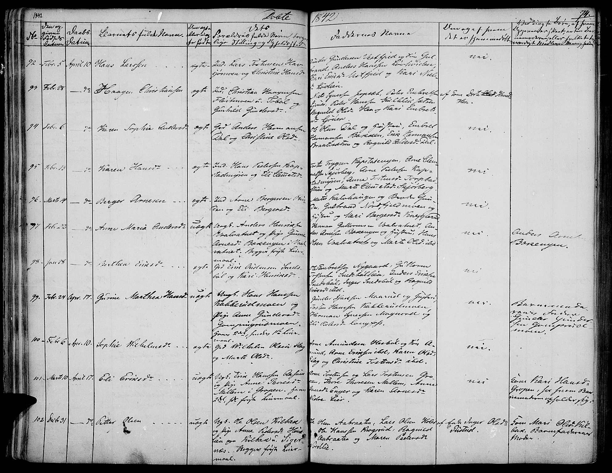 Vinger prestekontor, SAH/PREST-024/H/Ha/Haa/L0008: Parish register (official) no. 8, 1839-1847, p. 74
