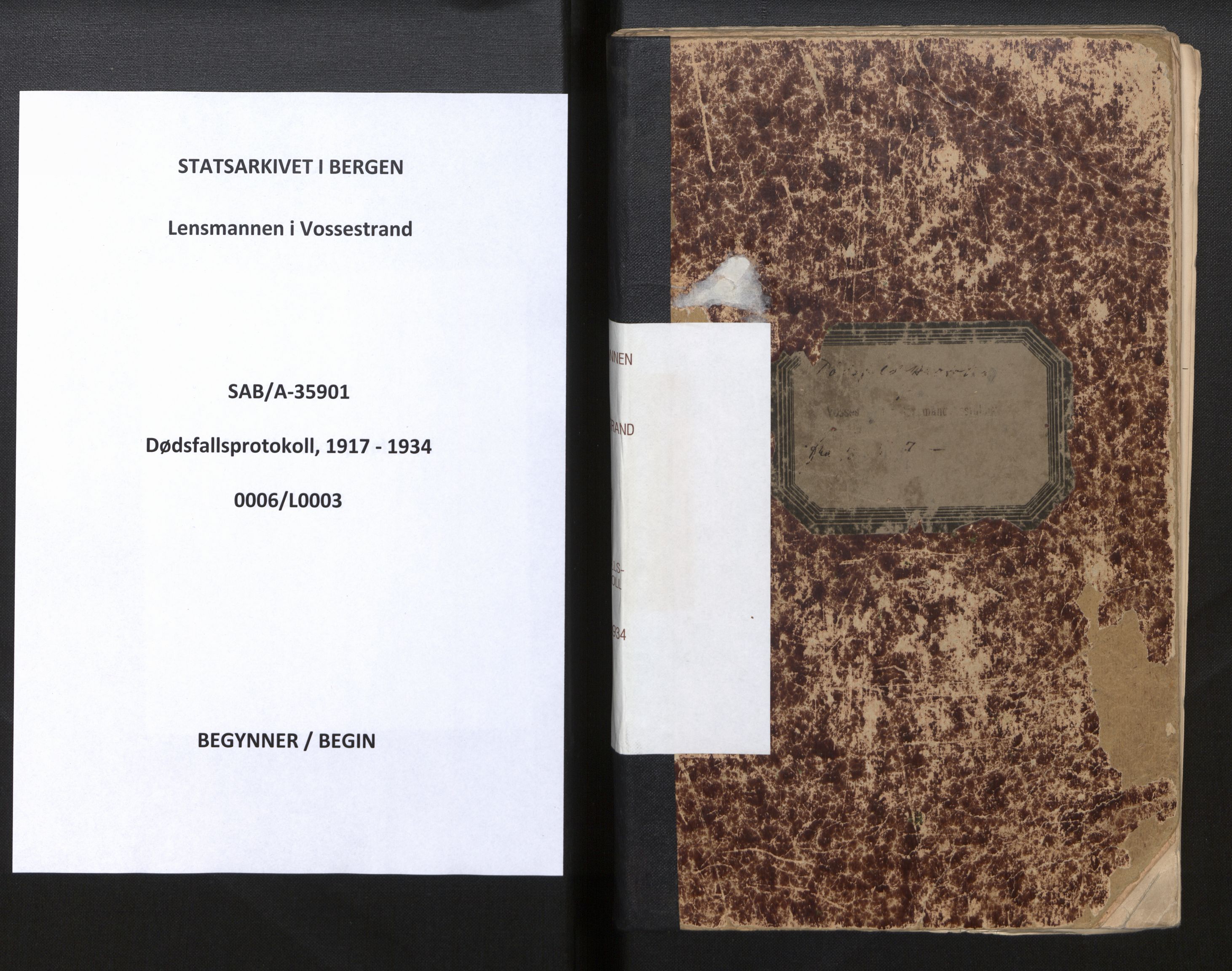 Lensmannen i Vossestrand, SAB/A-35901/0006/L0003: Dødsfallprotokoll, 1917-1934