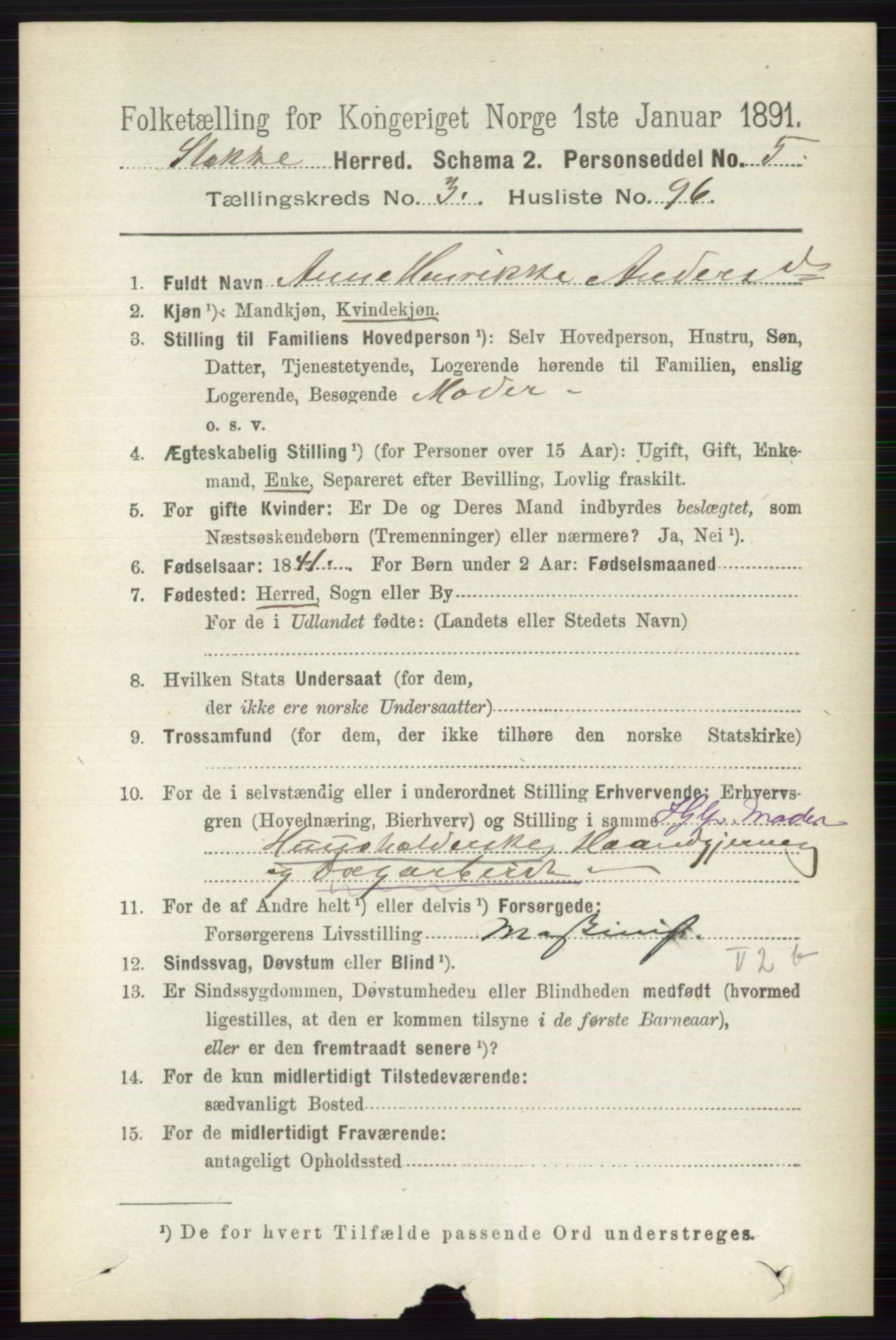 RA, 1891 census for 0720 Stokke, 1891, p. 2181