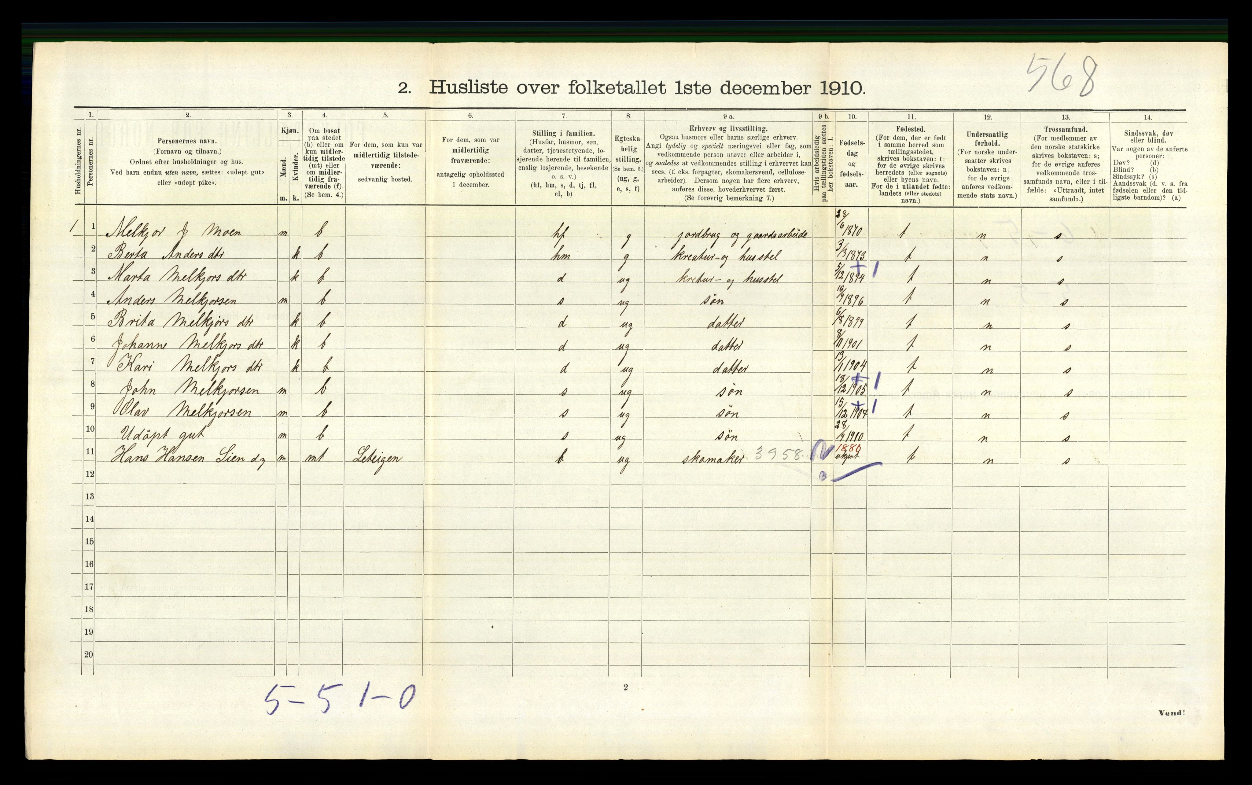 RA, 1910 census for Jostedal, 1910, p. 198