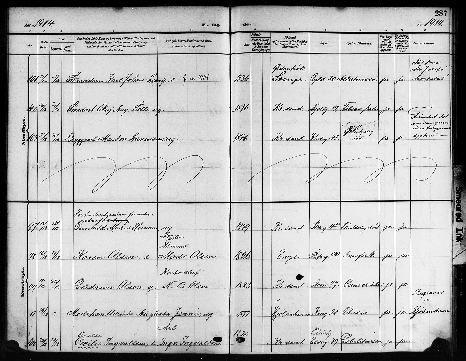 Kristiansand domprosti, SAK/1112-0006/F/Fb/L0020: Parish register (copy) no. B 20, 1906-1915, p. 287