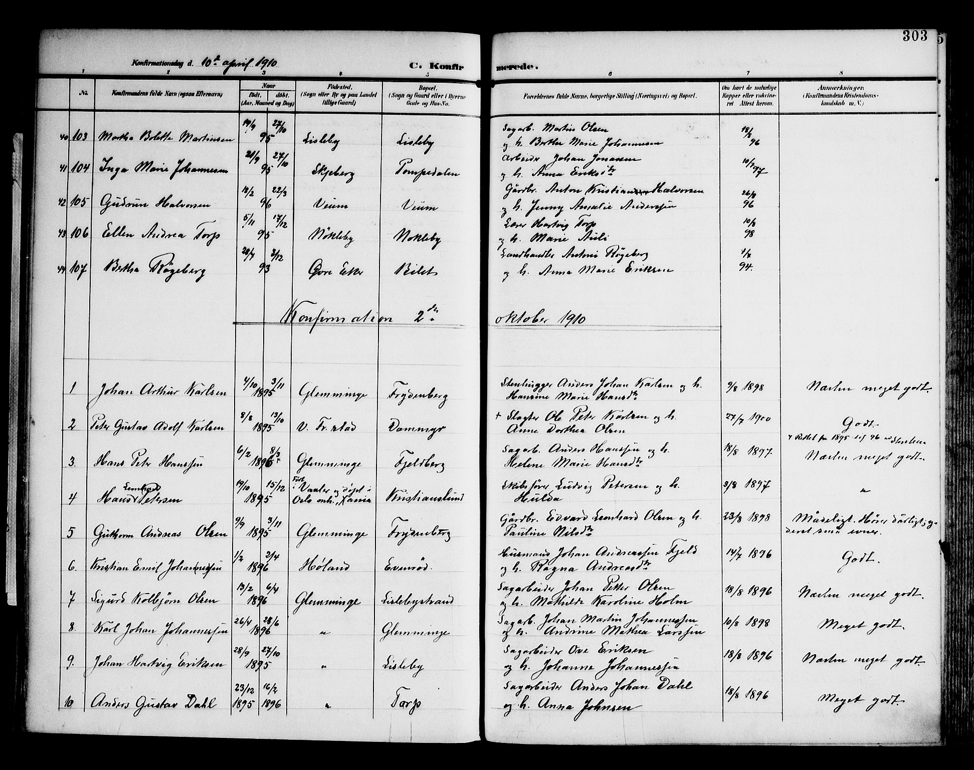 Glemmen prestekontor Kirkebøker, AV/SAO-A-10908/F/Fa/L0014: Parish register (official) no. 14, 1902-1922, p. 303
