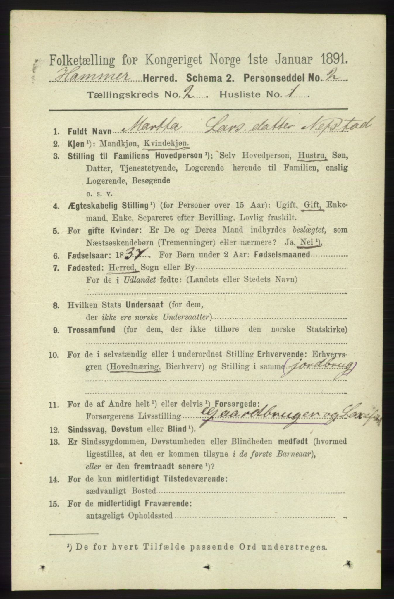 RA, 1891 census for 1254 Hamre, 1891, p. 226