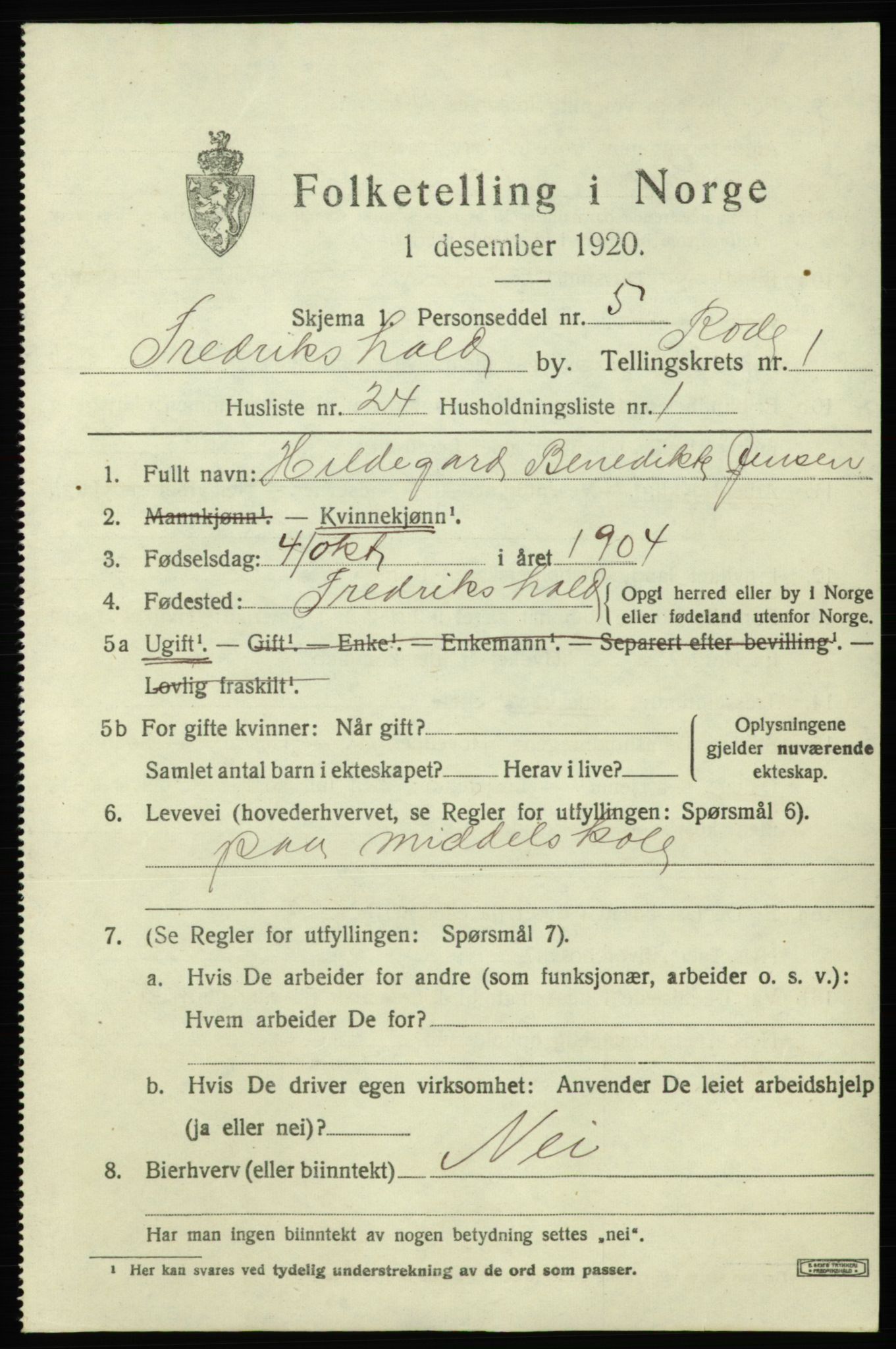 SAO, 1920 census for Fredrikshald, 1920, p. 8512