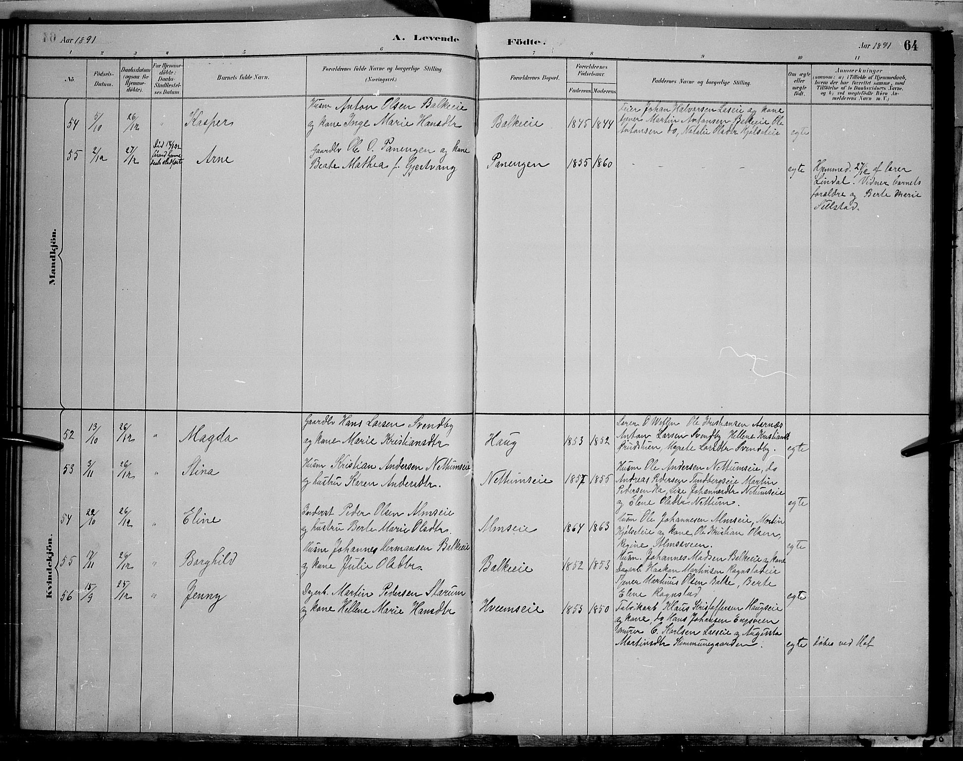Østre Toten prestekontor, SAH/PREST-104/H/Ha/Hab/L0005: Parish register (copy) no. 5, 1884-1893, p. 64