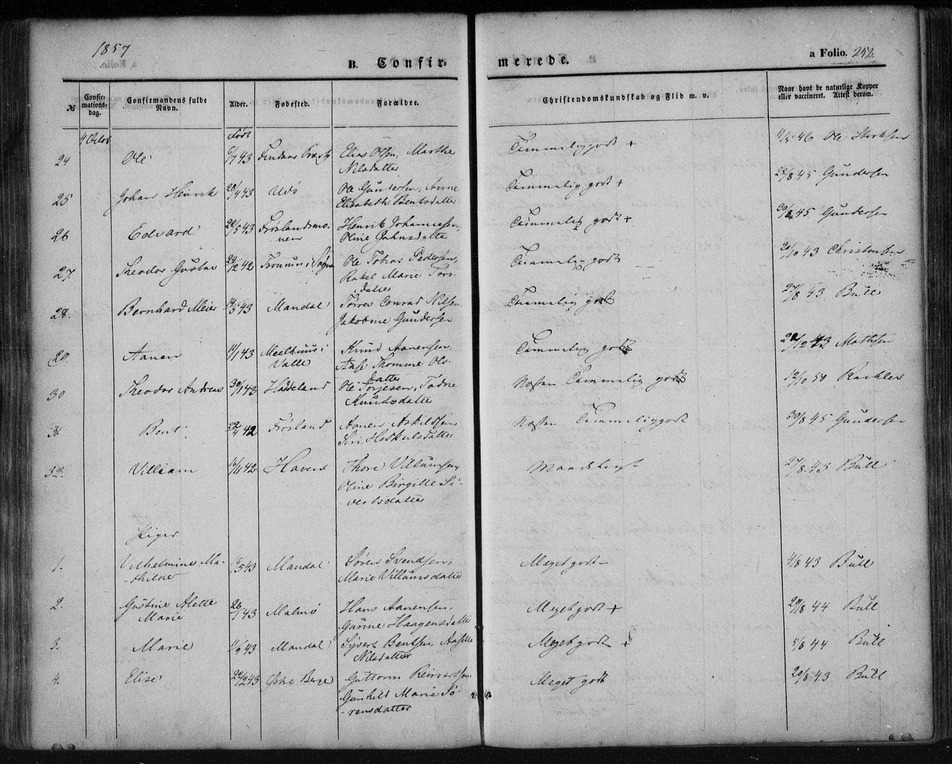 Mandal sokneprestkontor, AV/SAK-1111-0030/F/Fa/Faa/L0013: Parish register (official) no. A 13, 1847-1859, p. 252