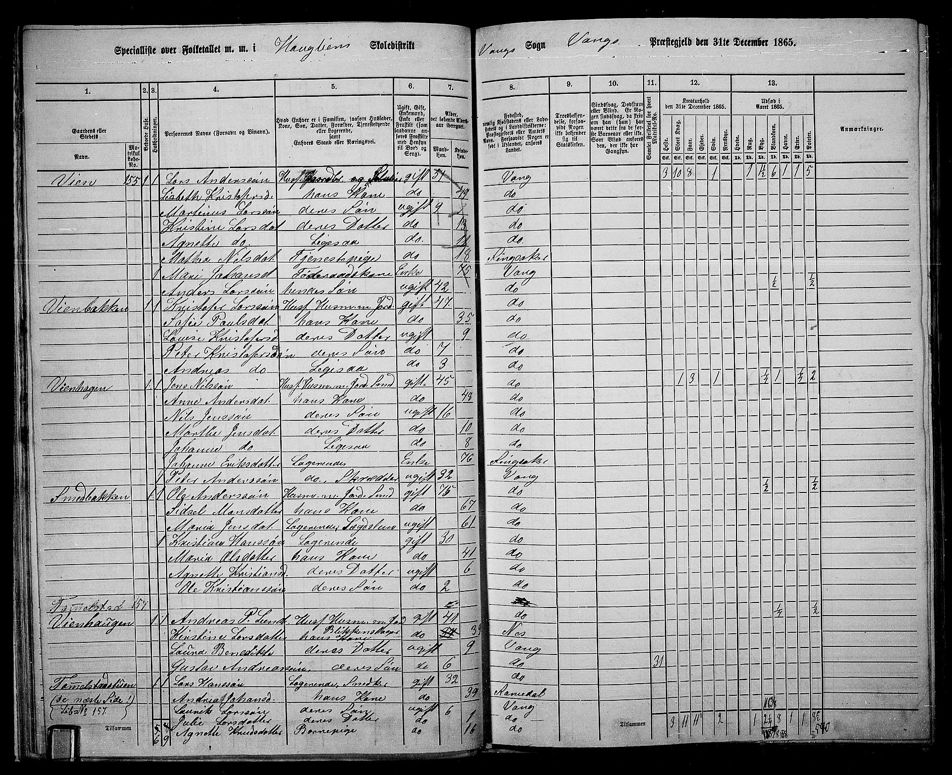 RA, 1865 census for Vang/Vang og Furnes, 1865, p. 174