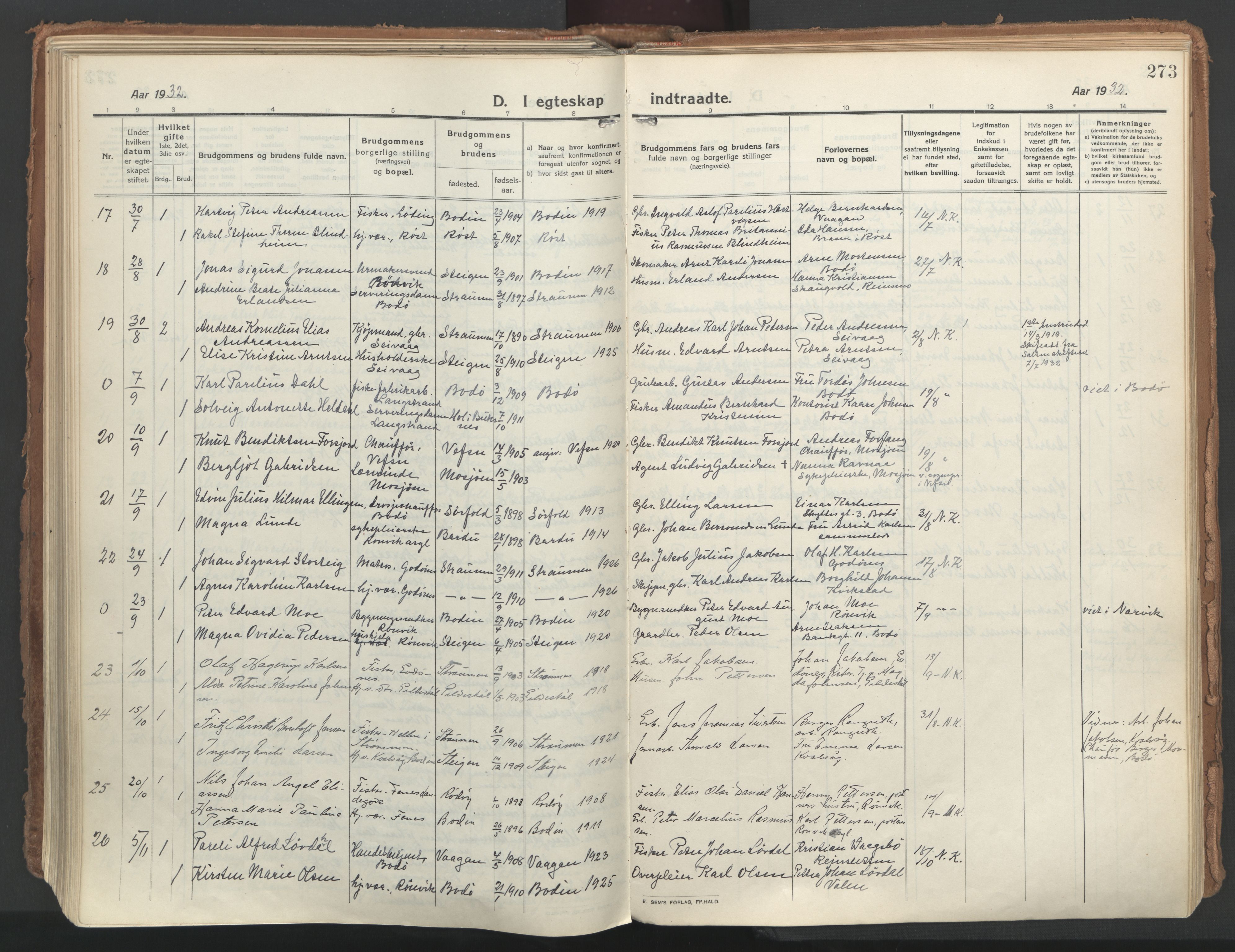 Ministerialprotokoller, klokkerbøker og fødselsregistre - Nordland, AV/SAT-A-1459/802/L0060: Parish register (official) no. 802A07, 1916-1933, p. 273