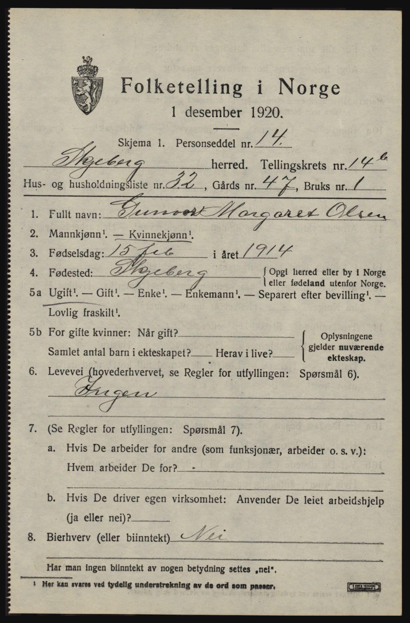 SAO, 1920 census for Skjeberg, 1920, p. 14651