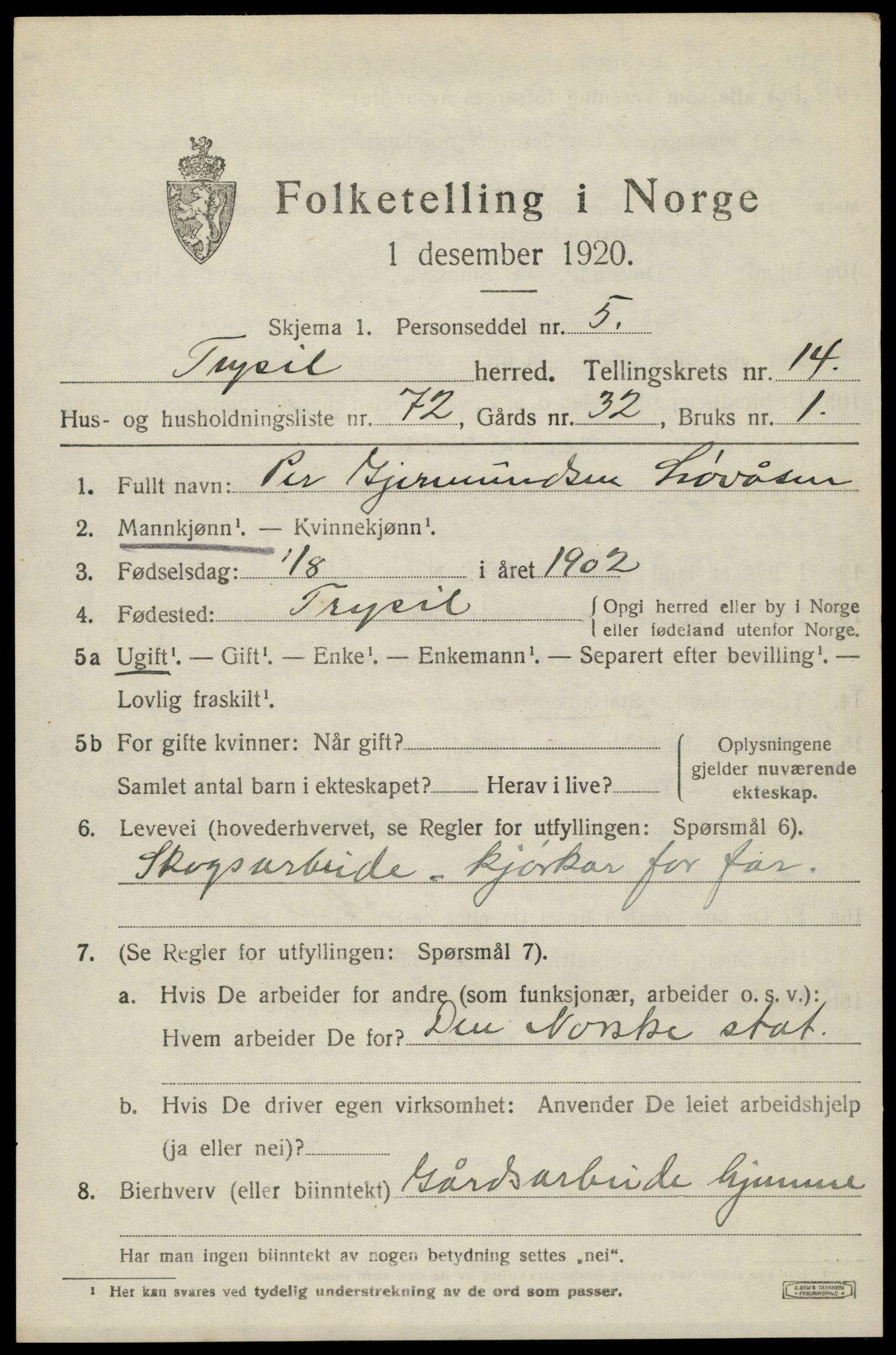 SAH, 1920 census for Trysil, 1920, p. 8755