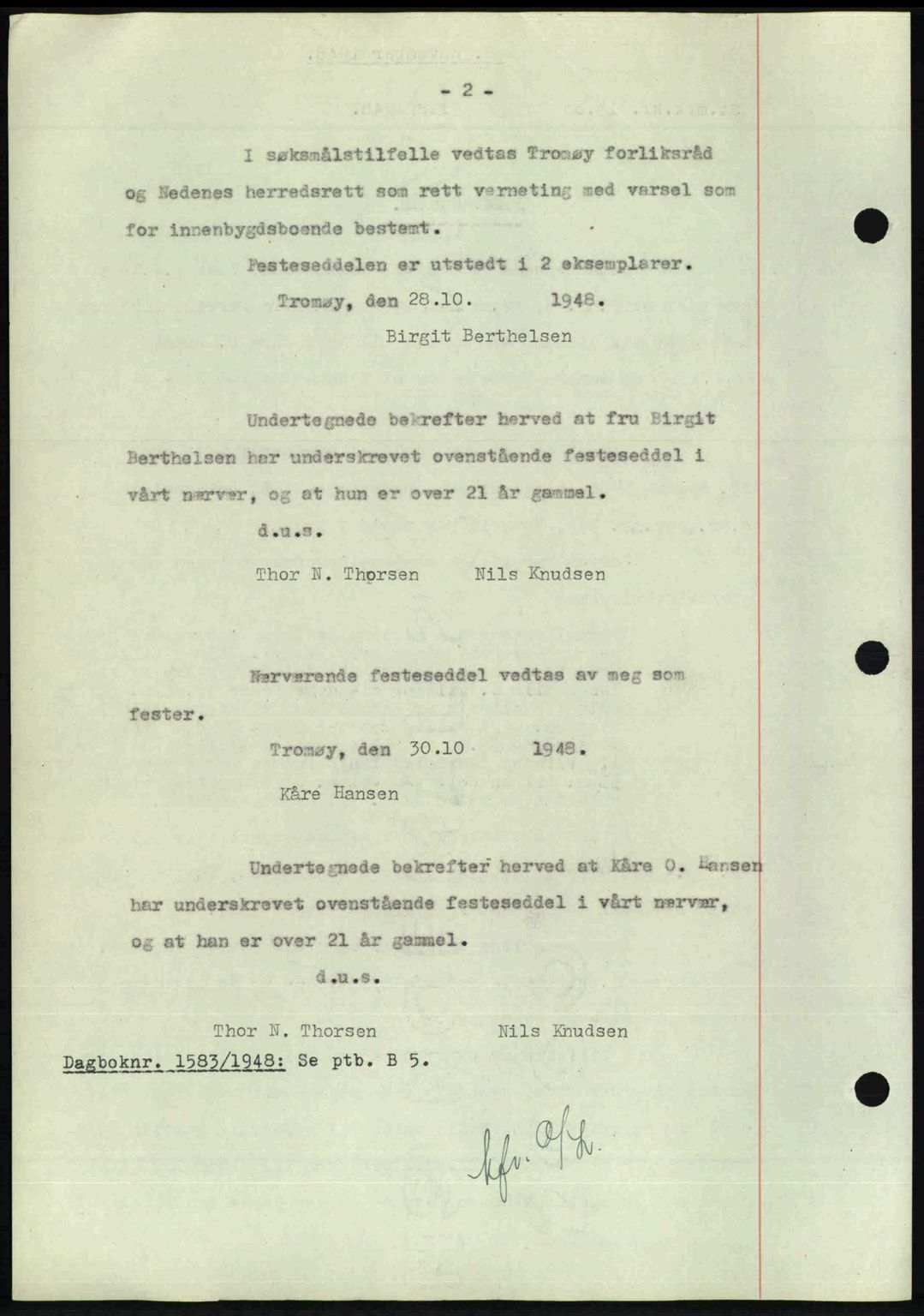 Nedenes sorenskriveri, SAK/1221-0006/G/Gb/Gba/L0059: Mortgage book no. A11, 1948-1948, Diary no: : 1582/1948