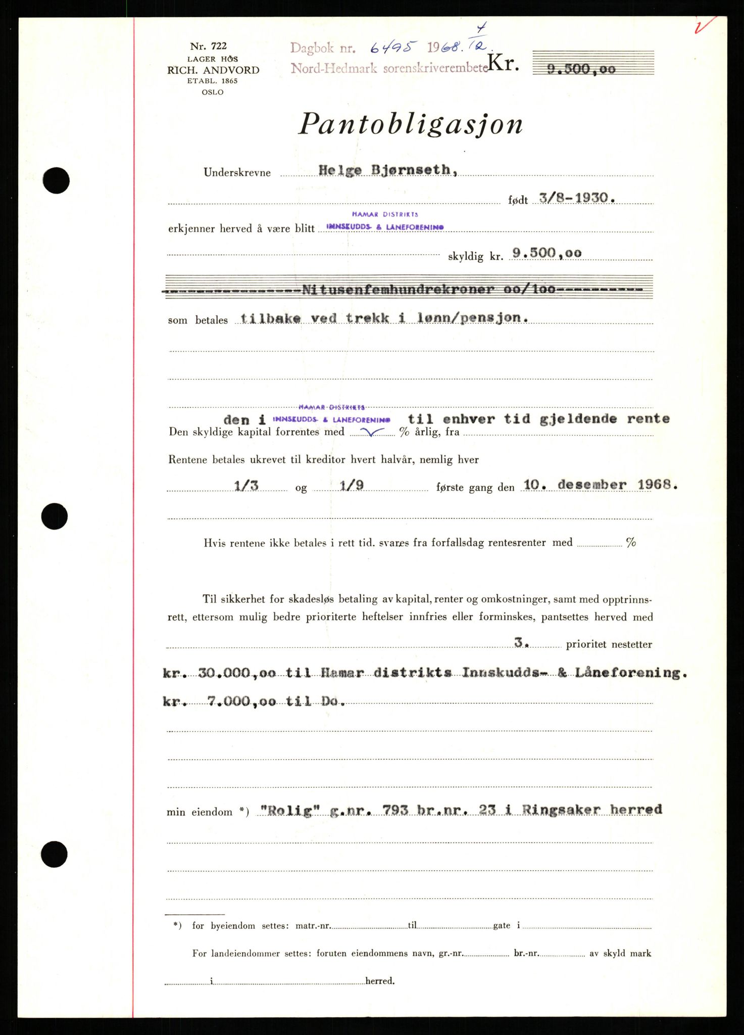 Nord-Hedmark sorenskriveri, SAH/TING-012/H/Hb/Hbf/L0077: Mortgage book no. B77, 1968-1969, Diary no: : 6495/1968