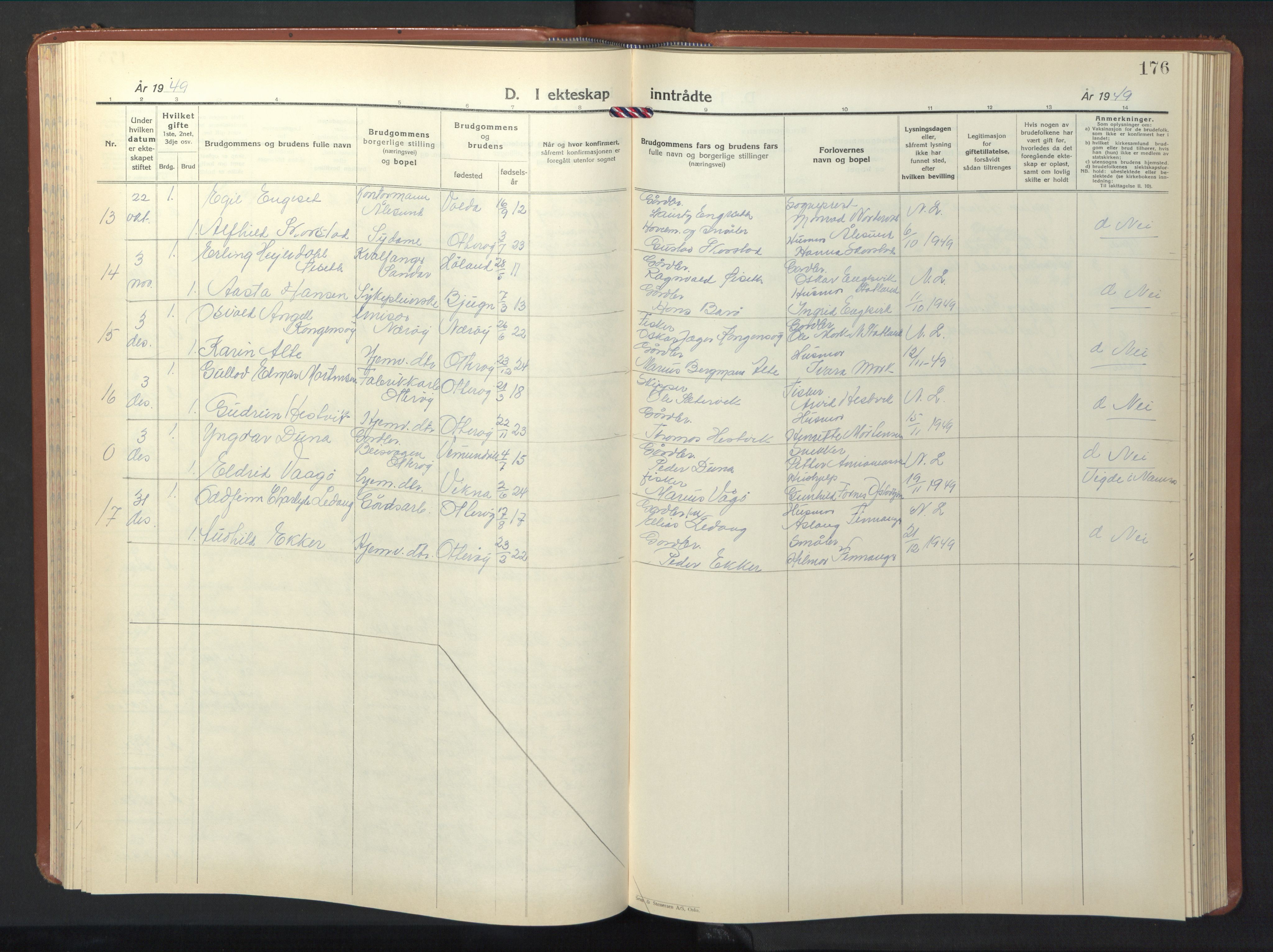 Ministerialprotokoller, klokkerbøker og fødselsregistre - Nord-Trøndelag, AV/SAT-A-1458/774/L0631: Parish register (copy) no. 774C02, 1934-1950, p. 176