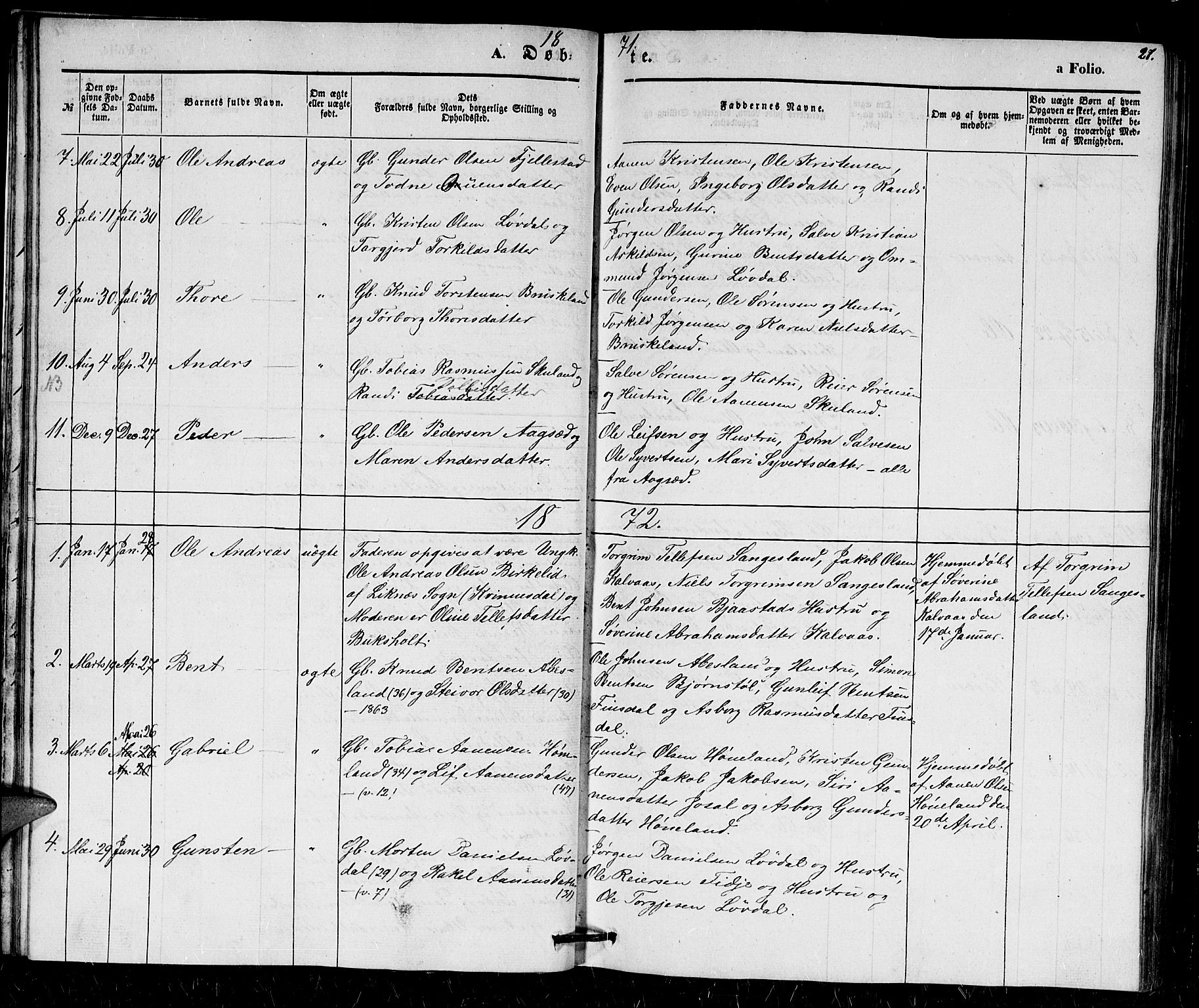 Holum sokneprestkontor, AV/SAK-1111-0022/F/Fb/Fbb/L0002: Parish register (copy) no. B 2, 1847-1874, p. 27