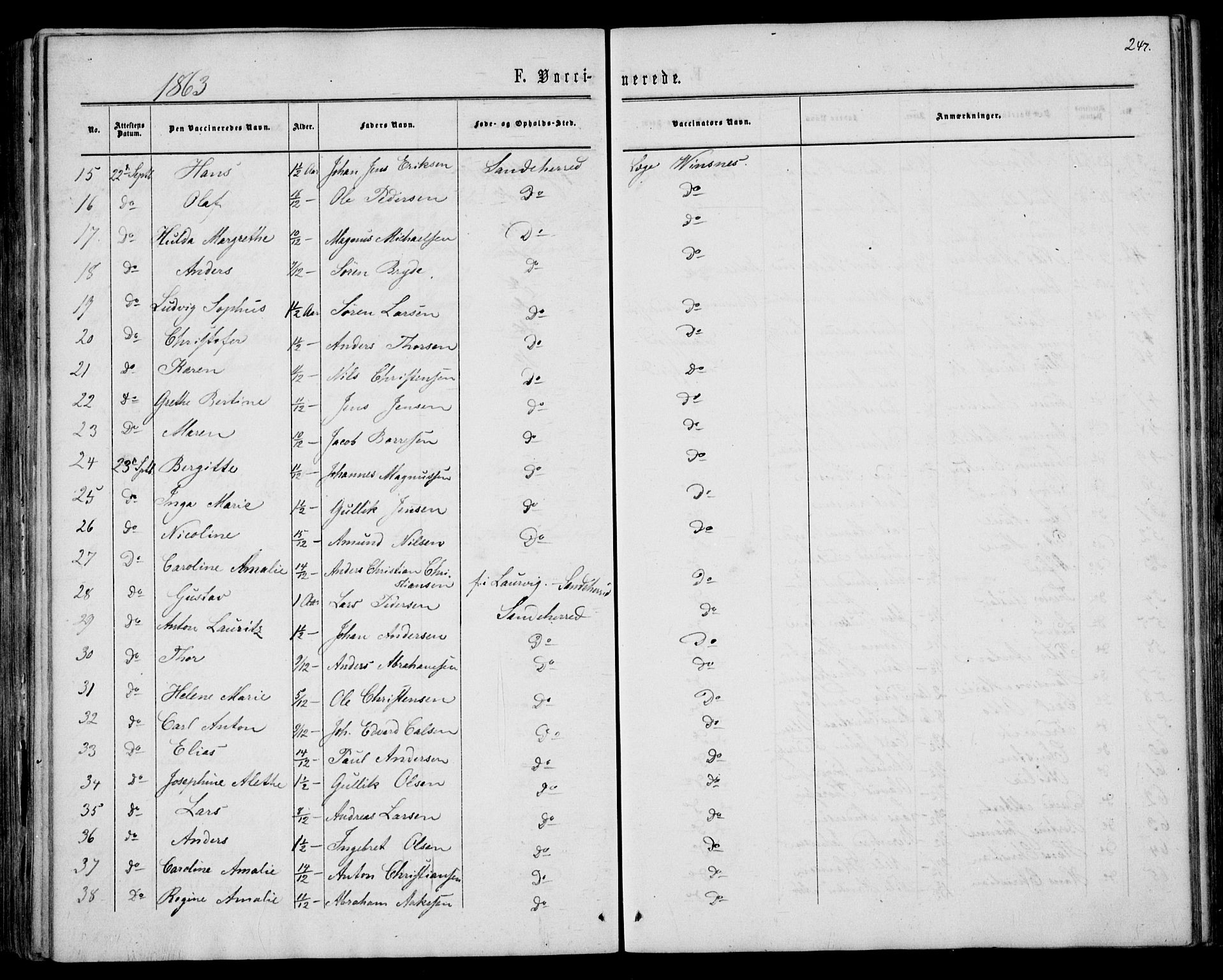 Sandar kirkebøker, AV/SAKO-A-243/F/Fa/L0009: Parish register (official) no. 9, 1862-1871, p. 247