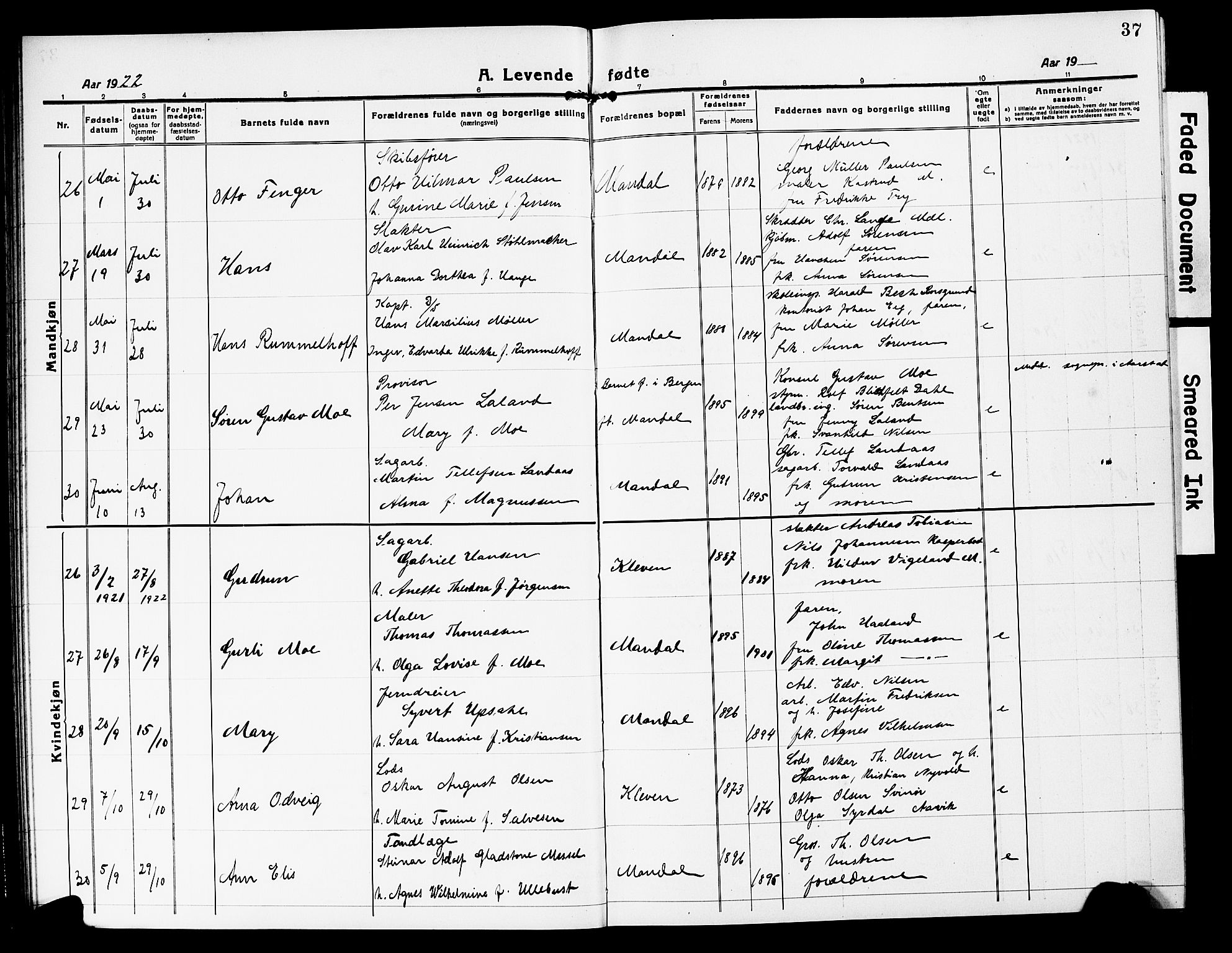 Mandal sokneprestkontor, SAK/1111-0030/F/Fb/Fbc/L0001: Parish register (copy) no. B 1, 1918-1931, p. 37