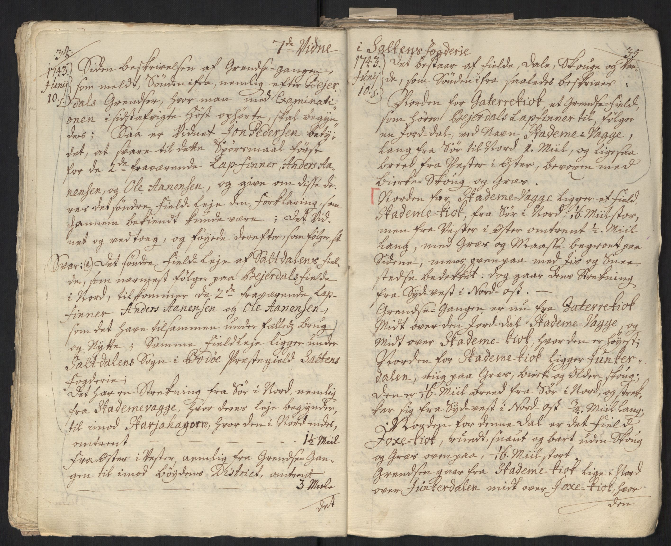Danske Kanselli, Grensearkivet, AV/RA-EA-4062/F/L0011a/0001: Volum XXIII-XXVIa / Vol. XXIII: Major Schnitlers grenseeksaminasjonsprotokoll, 3. bind, 1743, p. 34-35