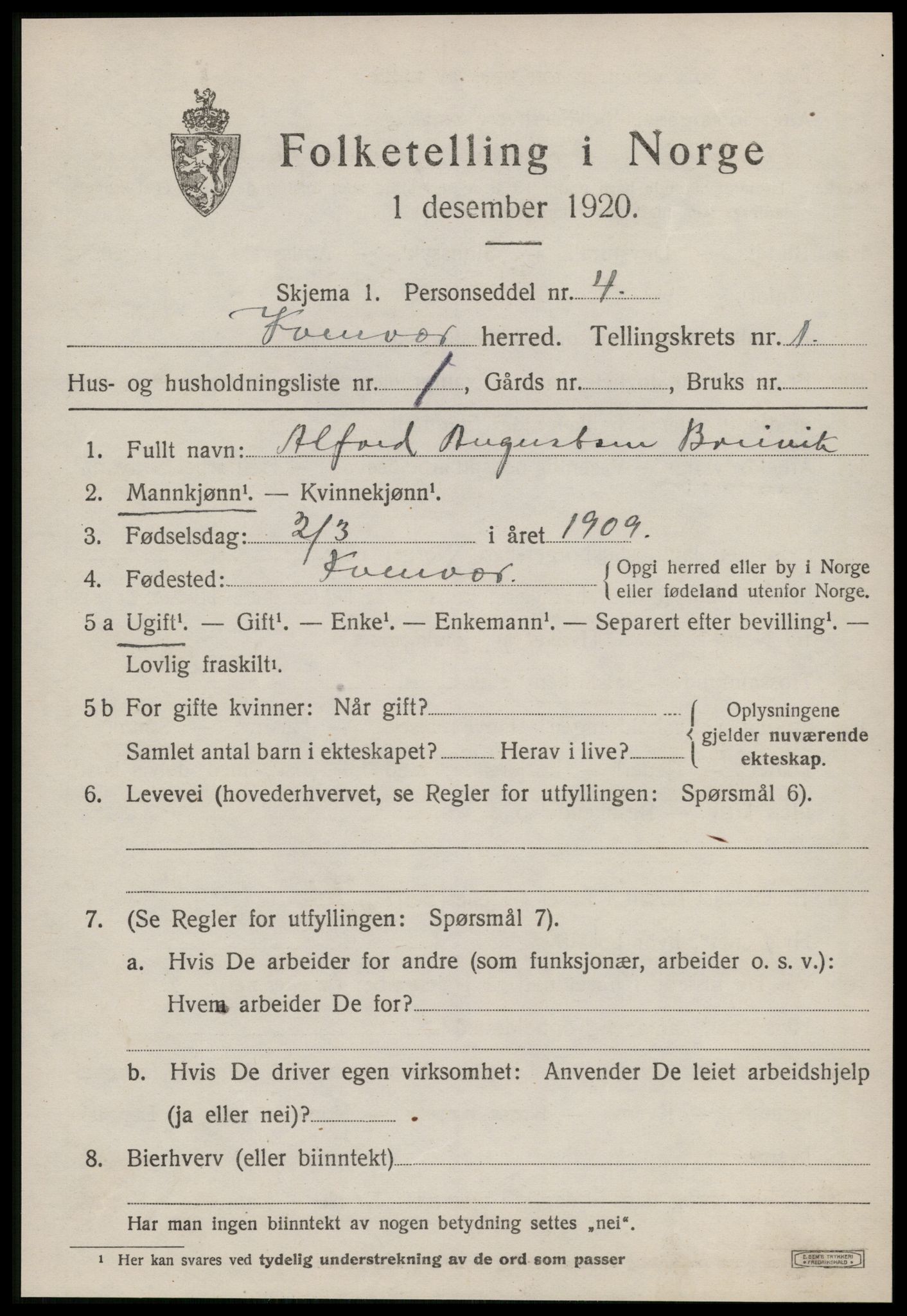 SAT, 1920 census for Kvenvær, 1920, p. 452