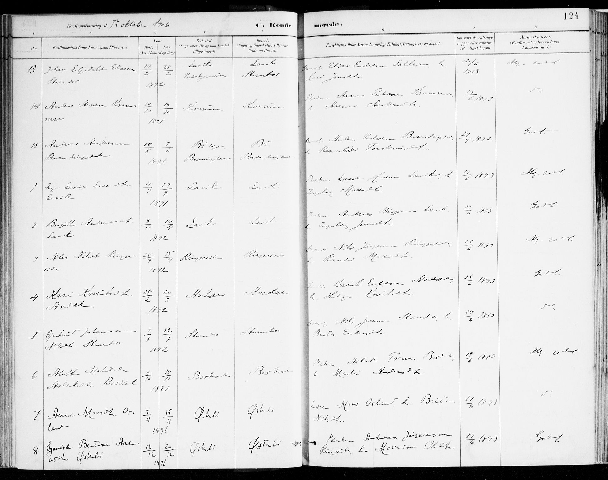 Lavik sokneprestembete, AV/SAB-A-80901: Parish register (official) no. B 1, 1882-1908, p. 124