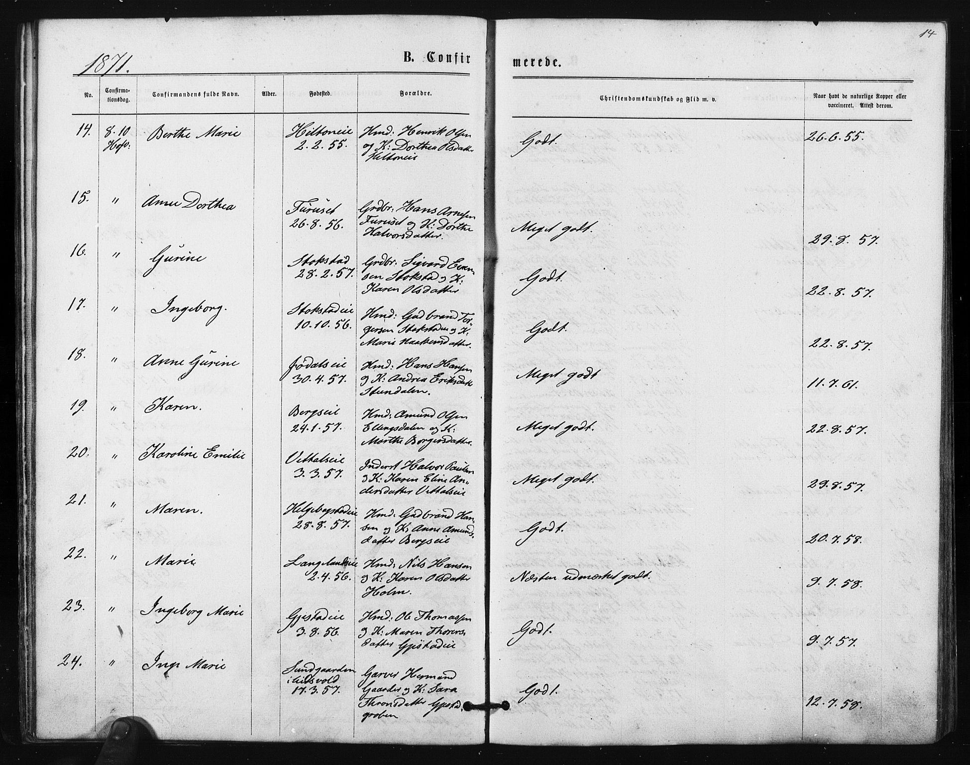 Ullensaker prestekontor Kirkebøker, AV/SAO-A-10236a/F/Fa/L0017: Parish register (official) no. I 17, 1871-1875, p. 14