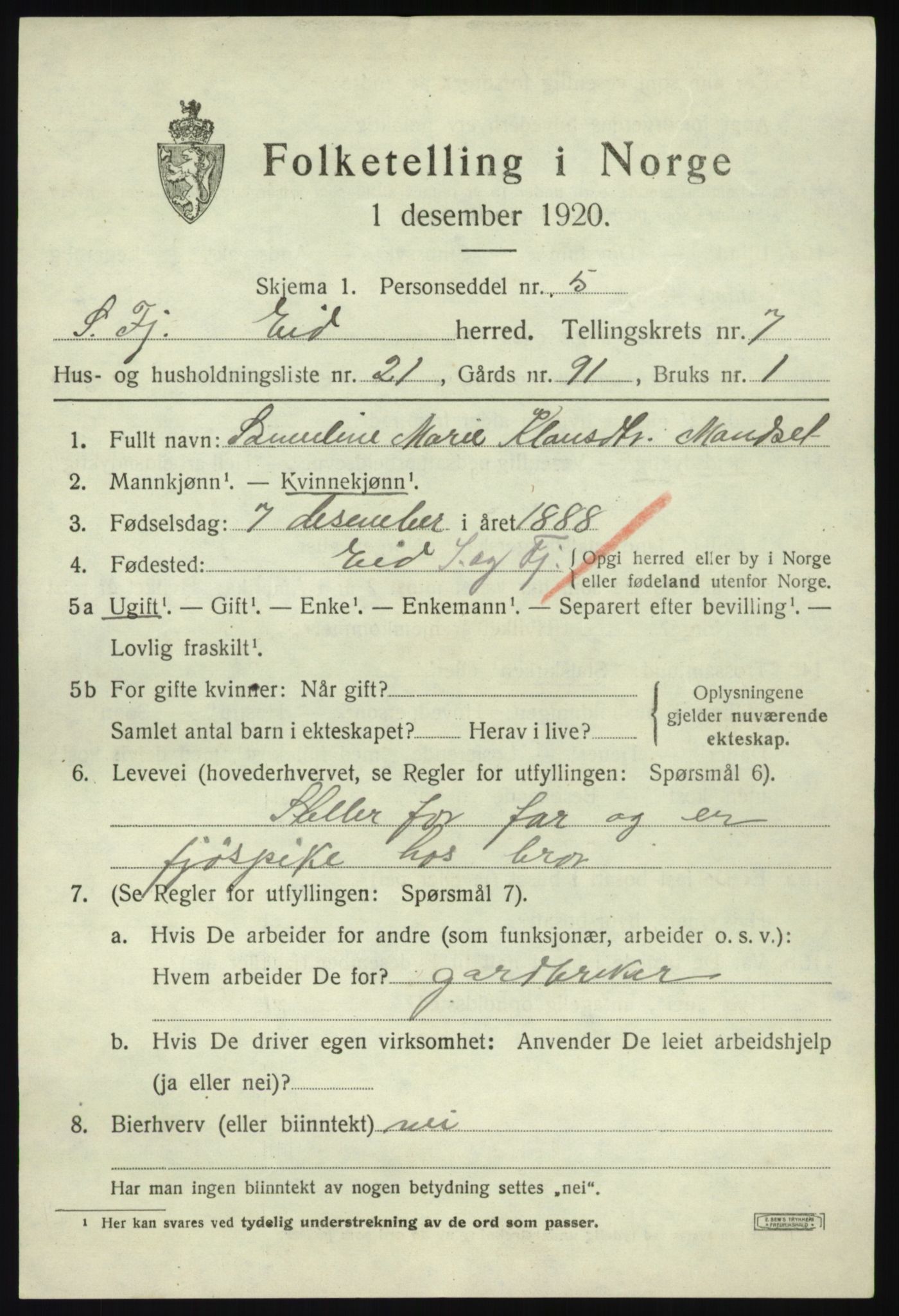 SAB, 1920 census for Eid, 1920, p. 3740