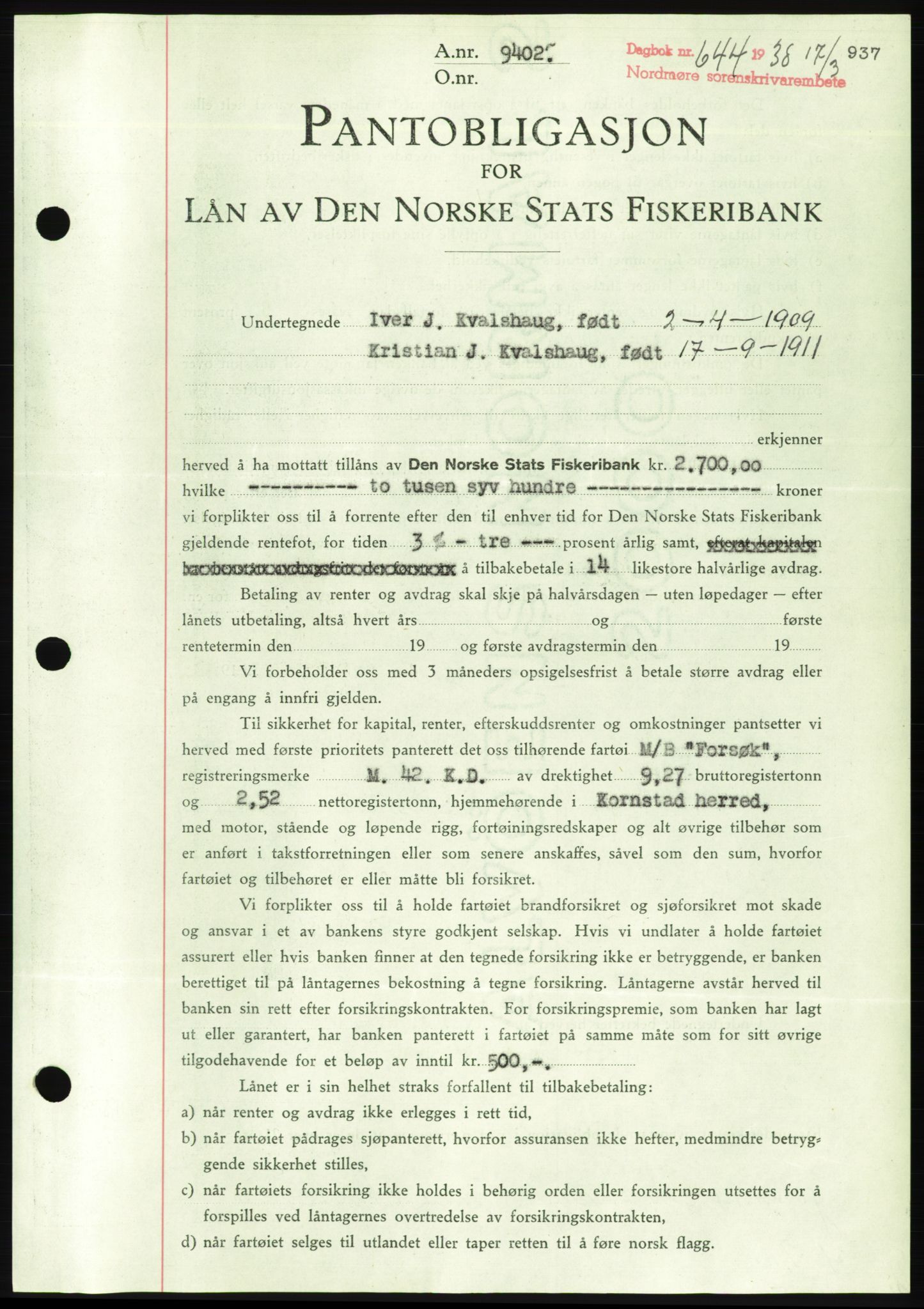 Nordmøre sorenskriveri, AV/SAT-A-4132/1/2/2Ca/L0092: Mortgage book no. B82, 1937-1938, Diary no: : 644/1938