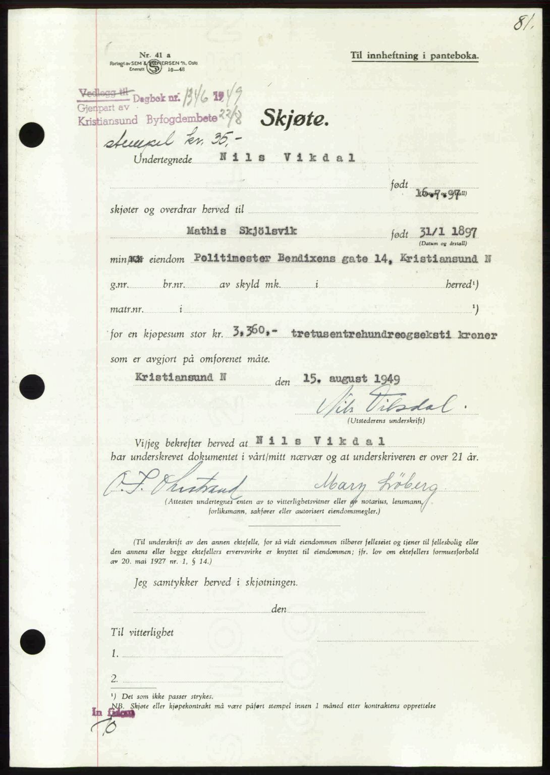 Kristiansund byfogd, AV/SAT-A-4587/A/27: Mortgage book no. 46, 1949-1950, Diary no: : 1346/1949