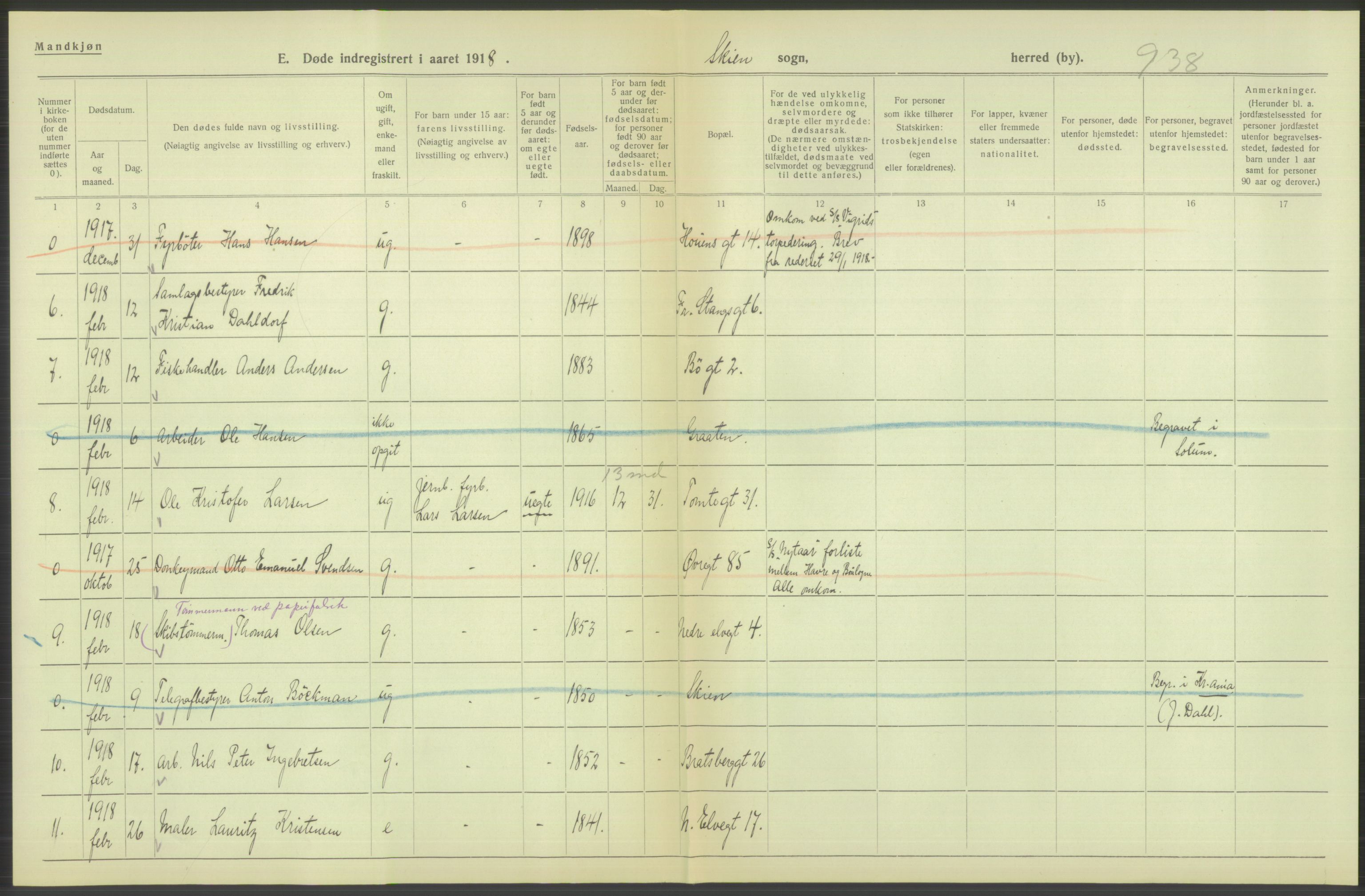 Statistisk sentralbyrå, Sosiodemografiske emner, Befolkning, AV/RA-S-2228/D/Df/Dfb/Dfbh/L0026: Telemark fylke: Døde. Bygder og byer., 1918, p. 46