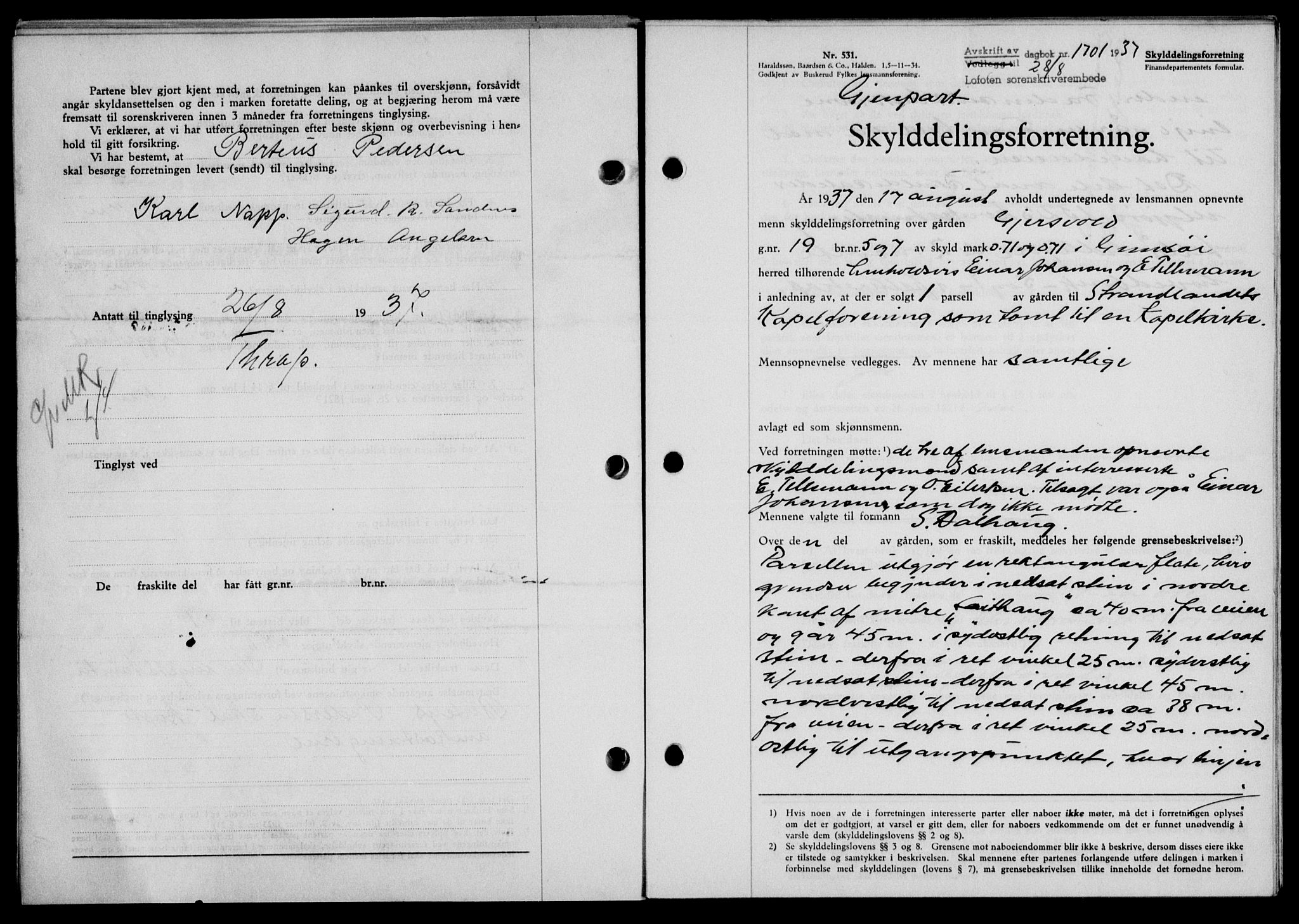 Lofoten sorenskriveri, SAT/A-0017/1/2/2C/L0002a: Mortgage book no. 2a, 1937-1937, Diary no: : 1701/1937