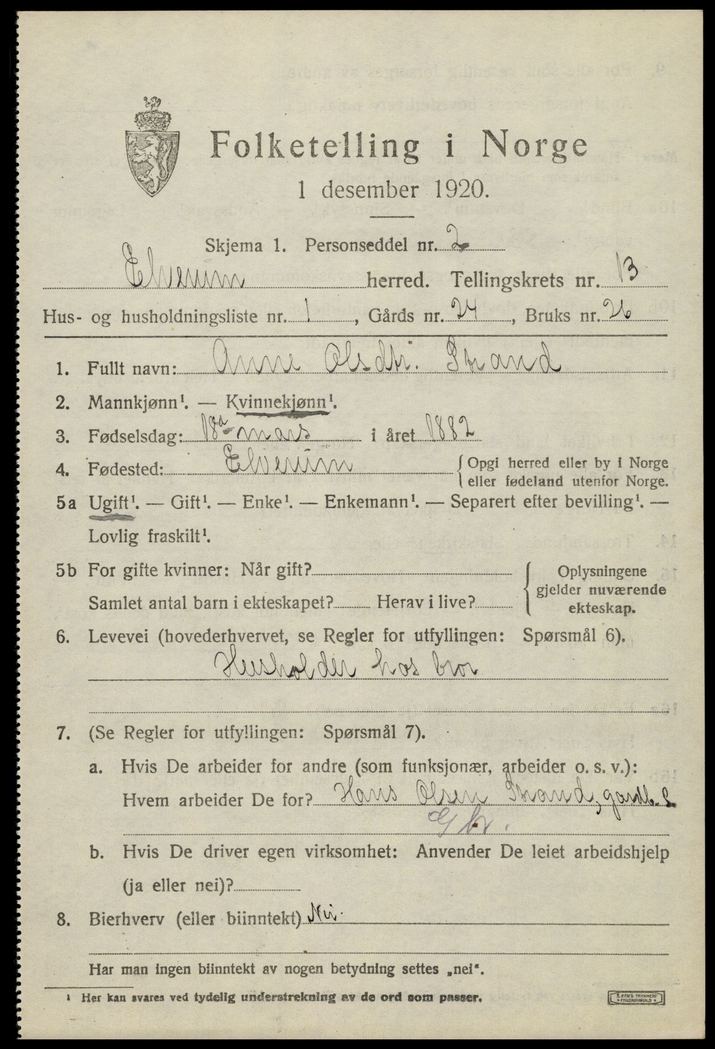 SAH, 1920 census for Elverum, 1920, p. 17368