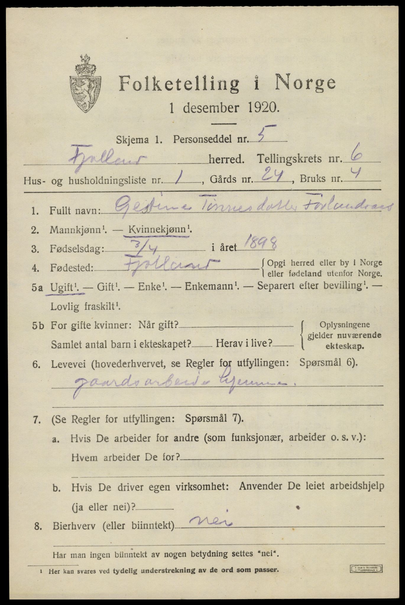 SAK, 1920 census for Fjotland, 1920, p. 1614