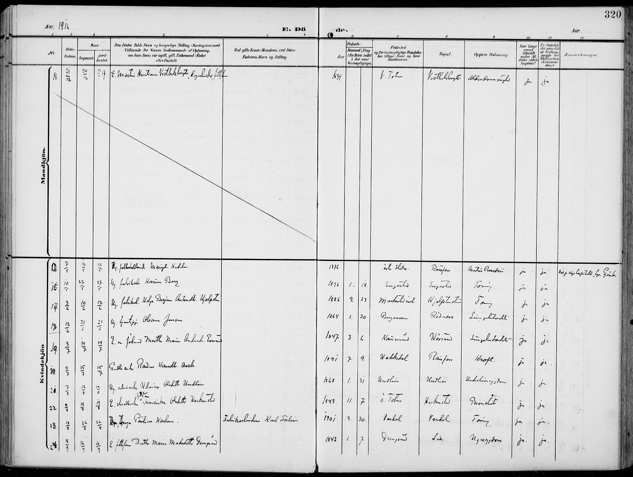 Vestre Toten prestekontor, AV/SAH-PREST-108/H/Ha/Haa/L0014: Parish register (official) no. 14, 1907-1920, p. 320