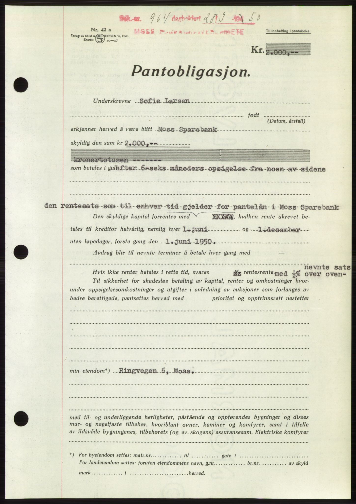 Moss sorenskriveri, AV/SAO-A-10168: Mortgage book no. B24, 1950-1950, Diary no: : 964/1950