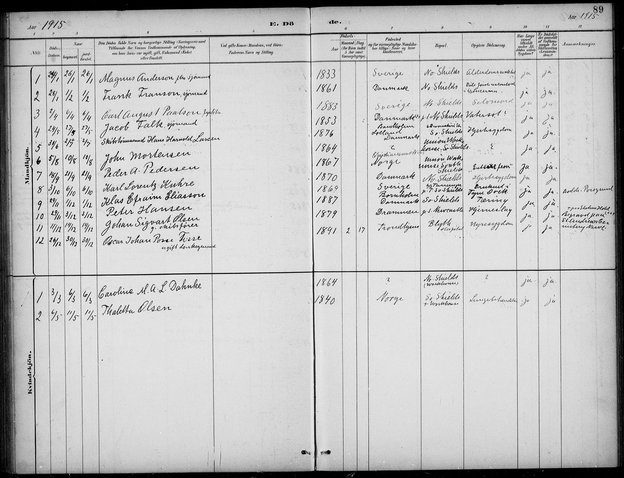 Den norske sjømannsmisjon i utlandet/Tyne-havnene (North Shields og New Castle), SAB/SAB/PA-0101/H/Ha/L0002: Parish register (official) no. A 2, 1883-1938, p. 89