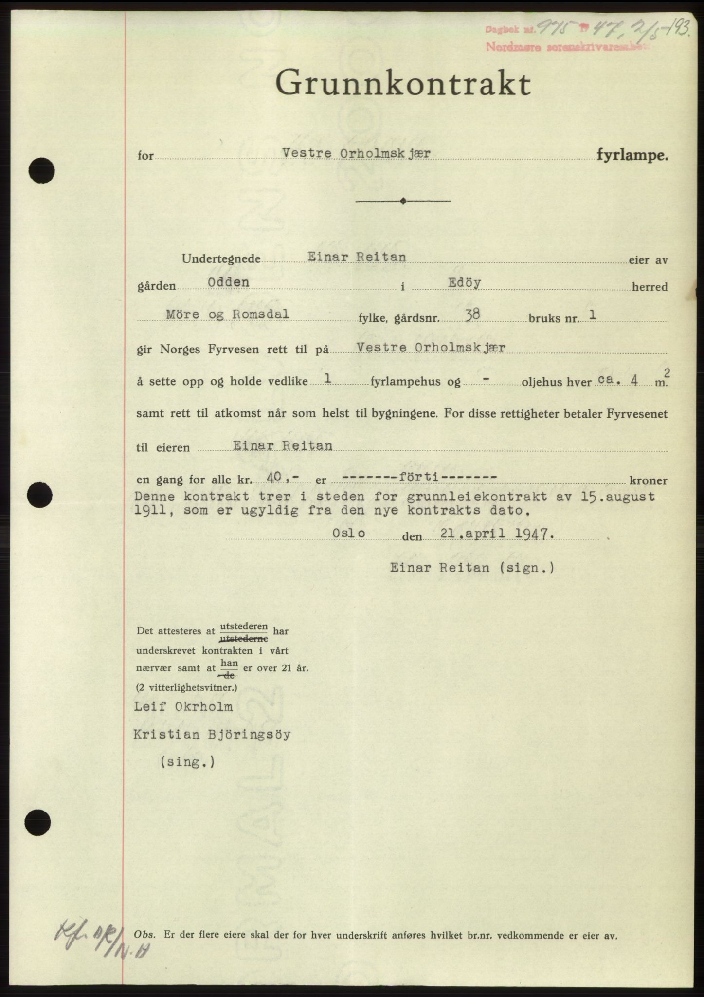 Nordmøre sorenskriveri, AV/SAT-A-4132/1/2/2Ca: Mortgage book no. B96, 1947-1947, Diary no: : 975/1947