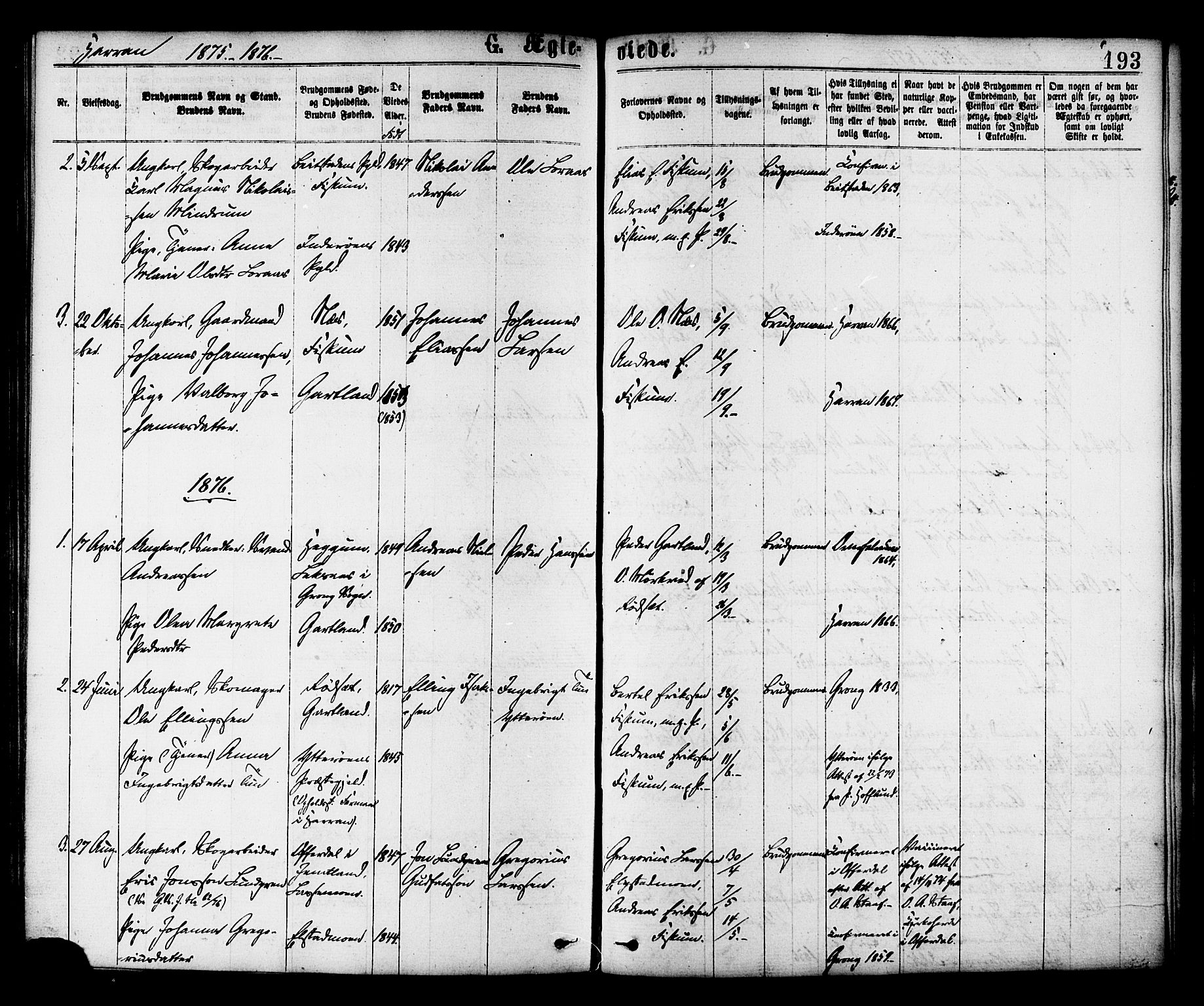 Ministerialprotokoller, klokkerbøker og fødselsregistre - Nord-Trøndelag, SAT/A-1458/758/L0516: Parish register (official) no. 758A03 /3, 1869-1879, p. 193