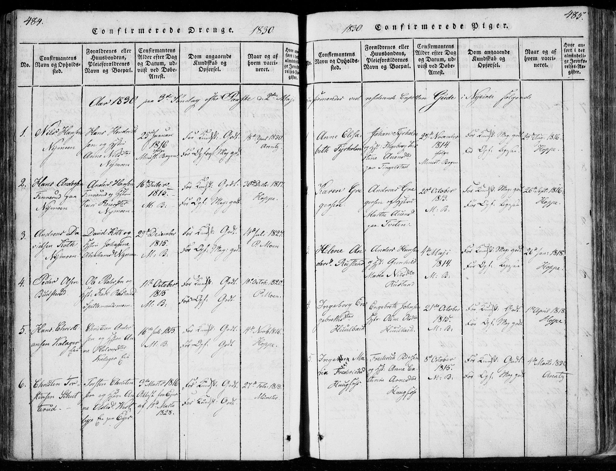 Modum kirkebøker, AV/SAKO-A-234/F/Fa/L0006: Parish register (official) no. 6, 1832-1841, p. 484-485