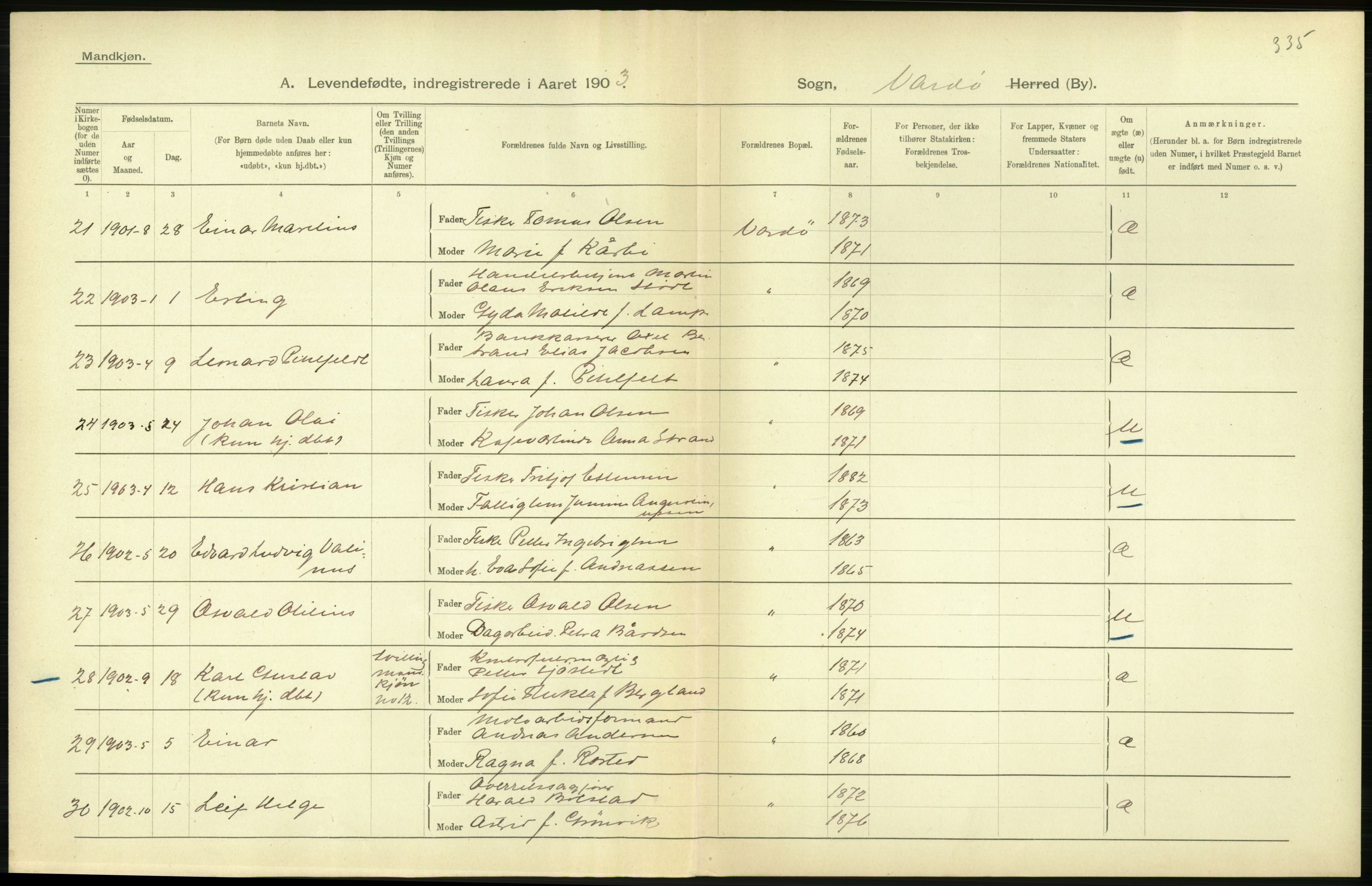 Statistisk sentralbyrå, Sosiodemografiske emner, Befolkning, AV/RA-S-2228/D/Df/Dfa/Dfaa/L0022: Finnmarkens amt: Fødte, gifte, døde., 1903, p. 140