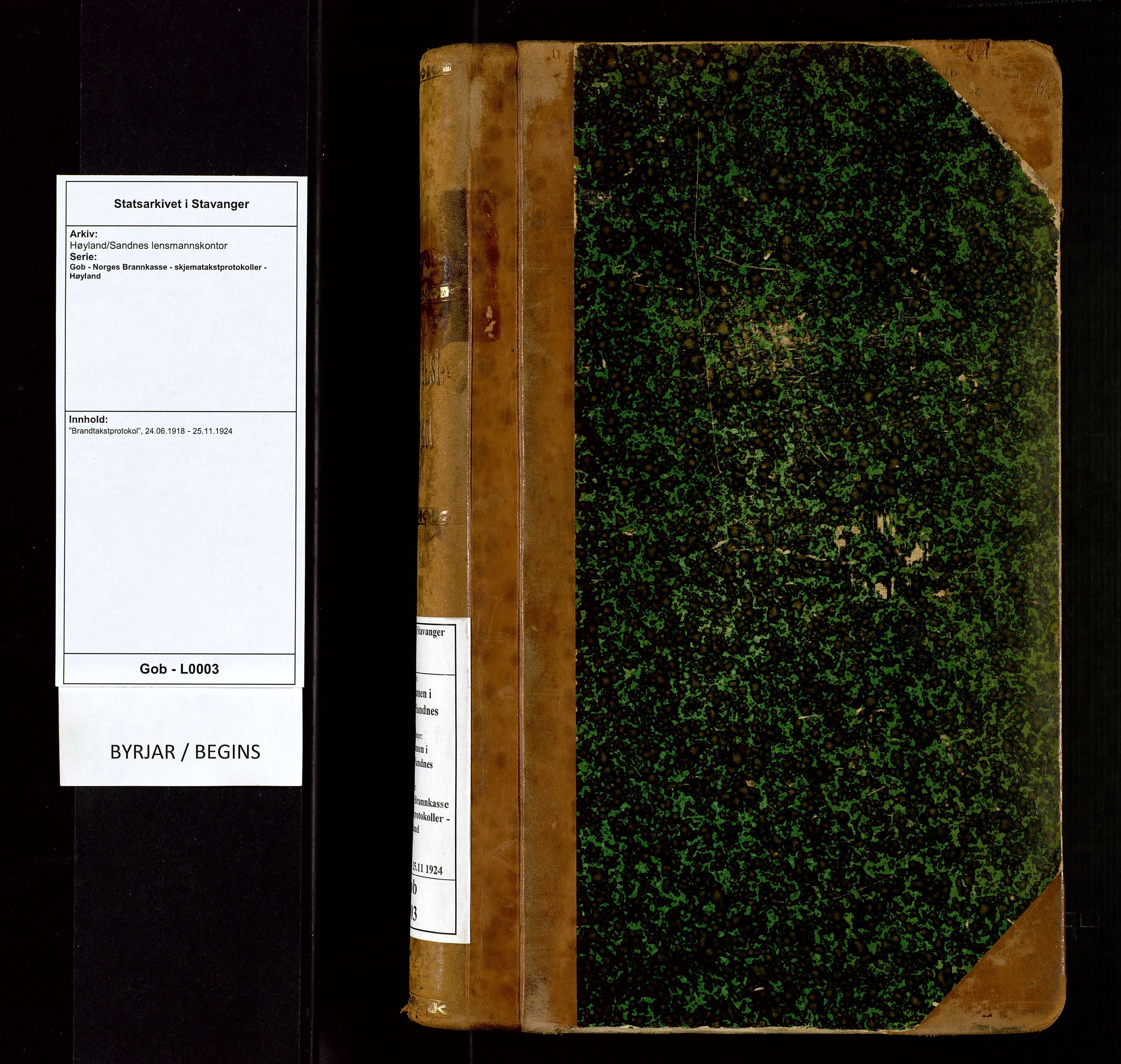 Høyland/Sandnes lensmannskontor, AV/SAST-A-100166/Gob/L0003: "Brandtakstprotokol", 1918-1924