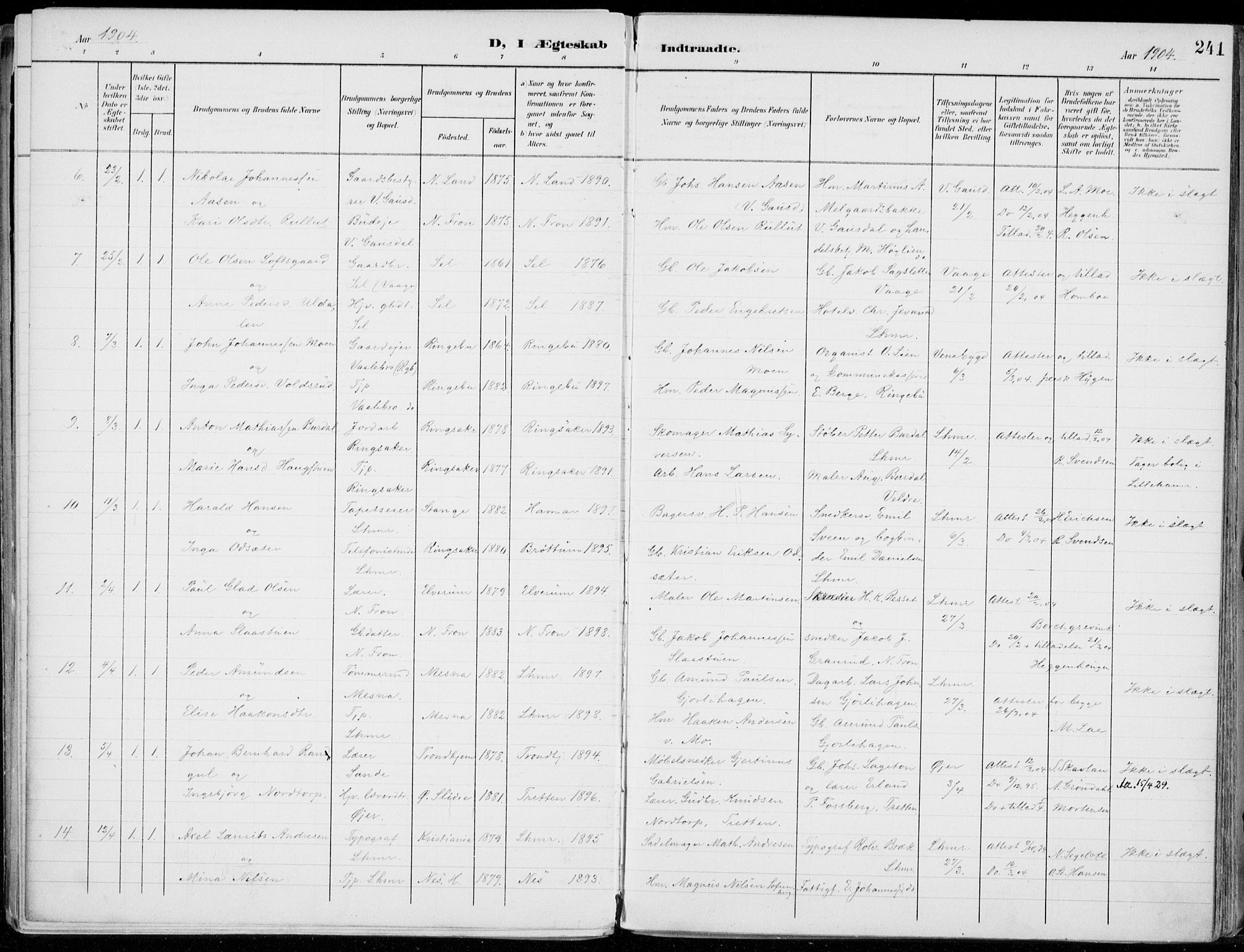 Lillehammer prestekontor, SAH/PREST-088/H/Ha/Haa/L0001: Parish register (official) no. 1, 1901-1916, p. 241