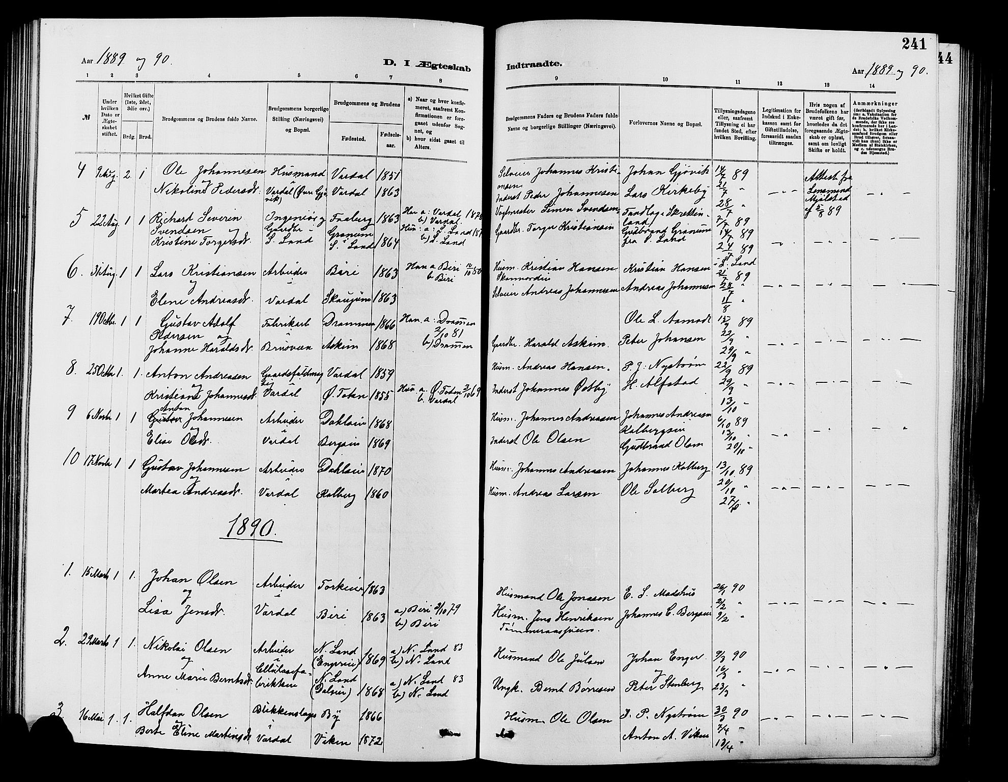 Vardal prestekontor, SAH/PREST-100/H/Ha/Hab/L0007: Parish register (copy) no. 7 /1, 1881-1895, p. 241