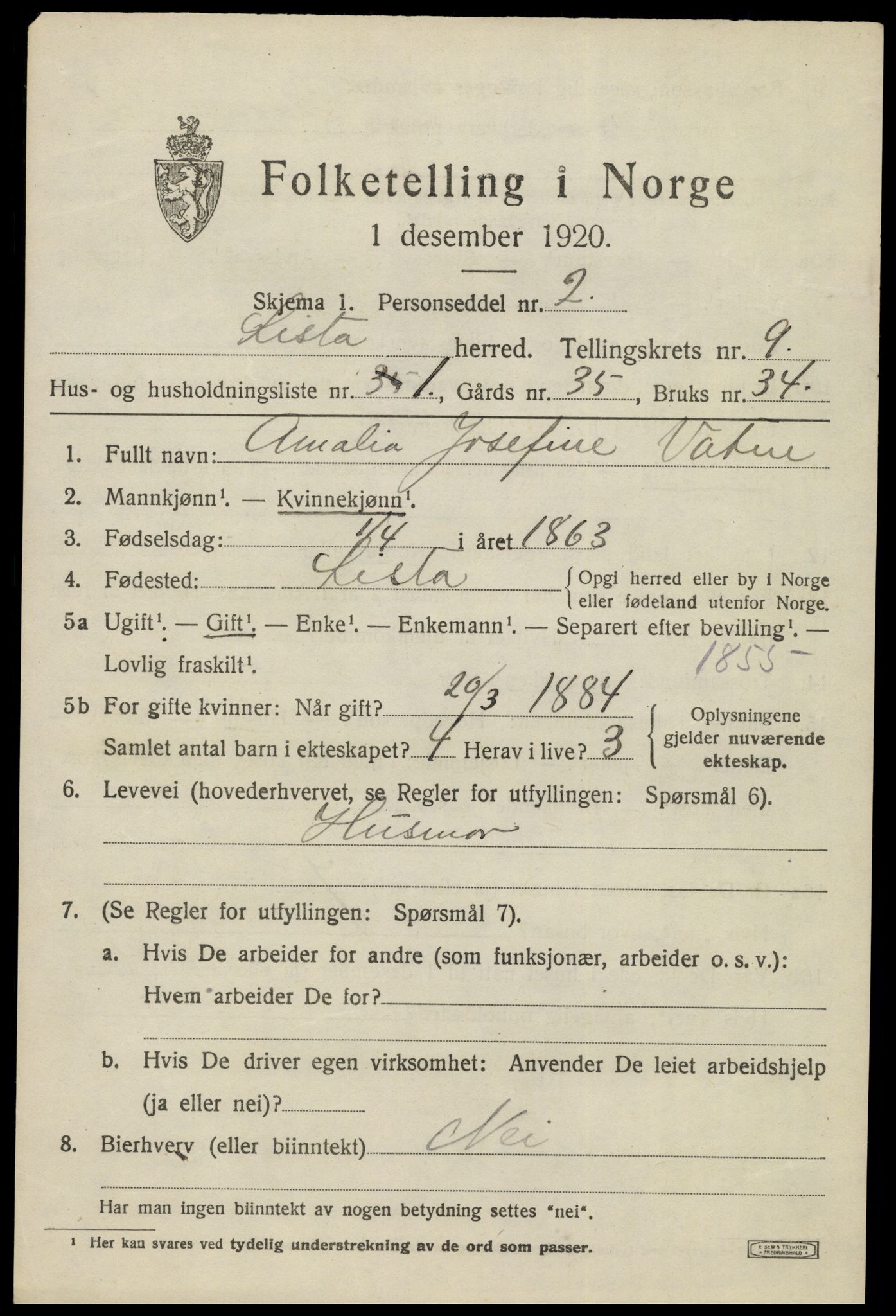 SAK, 1920 census for Lista, 1920, p. 8999