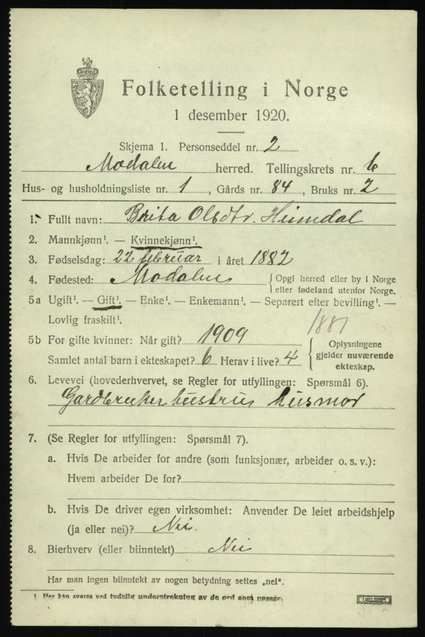 SAB, 1920 census for Modalen, 1920, p. 1126