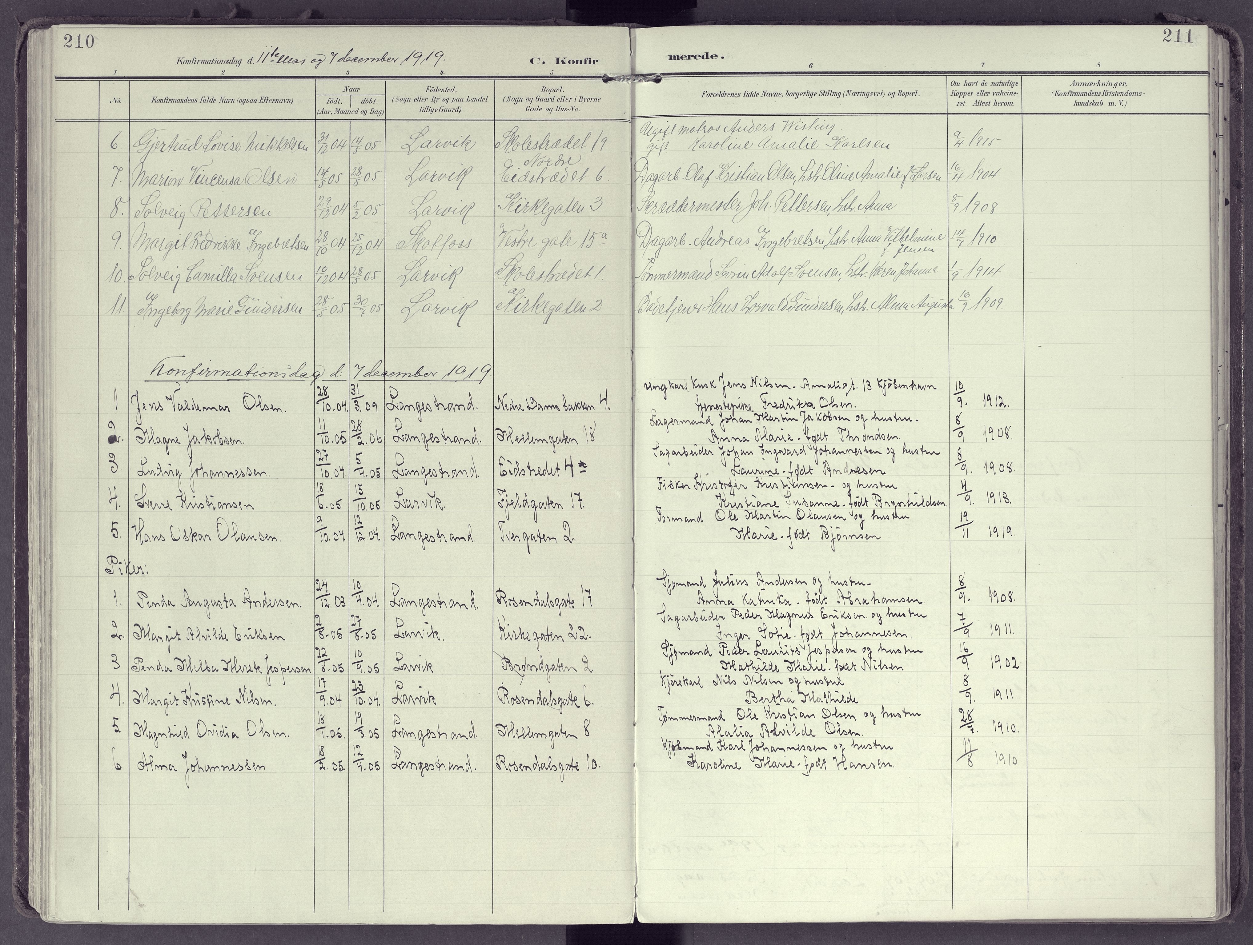 Larvik kirkebøker, AV/SAKO-A-352/F/Fb/L0005: Parish register (official) no. II 5, 1903-1925, p. 210-211